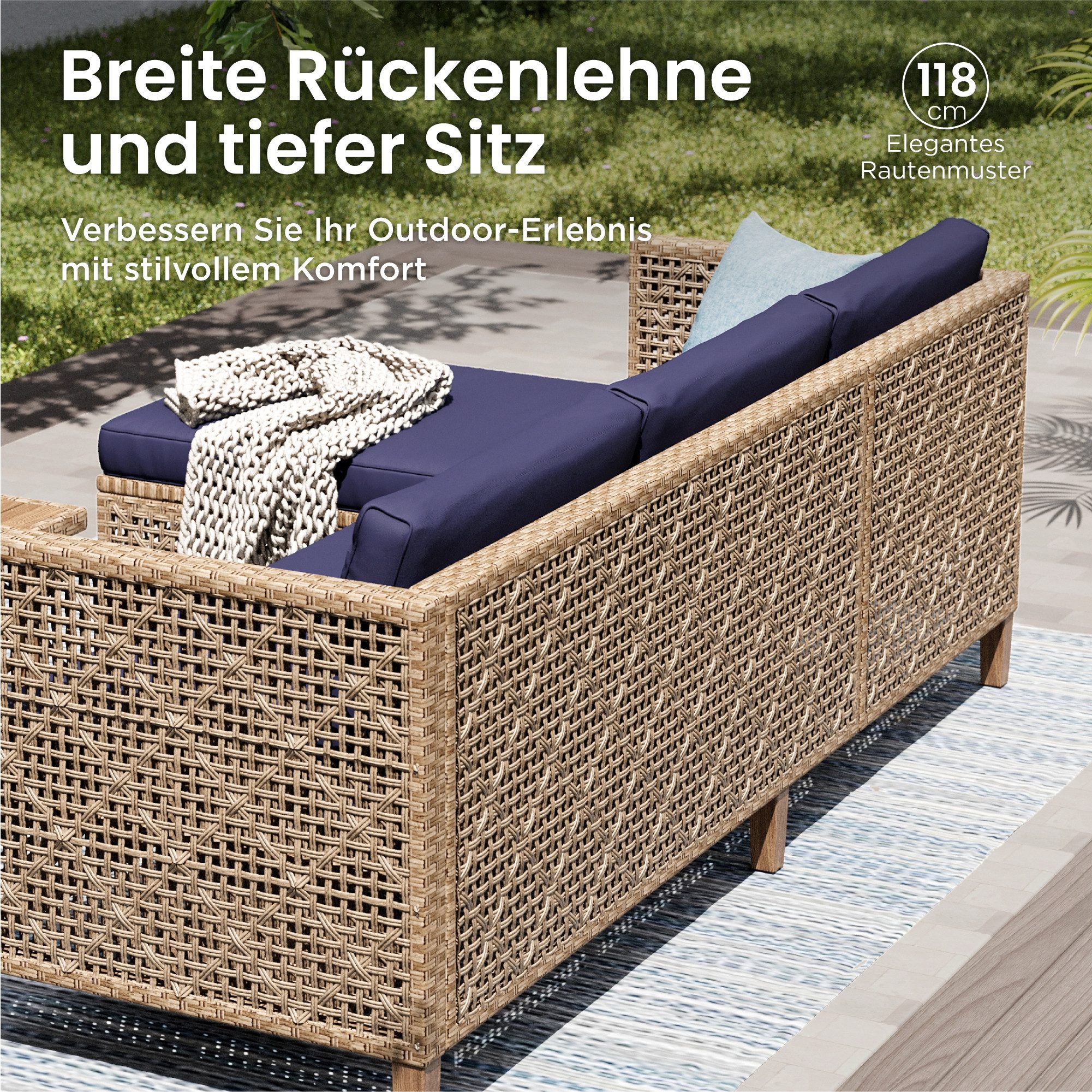 PHI VILLA Gartenlounge-Set, (1 Zweisitzer-Sofa, 1 Chaiselongue und 1 Kleiner Couchtisch, PE Rattan Lounge Möbel Outdoor), 4 Personen Terassenmöbel Außen Gartensofa, Beige und Dunkelblau