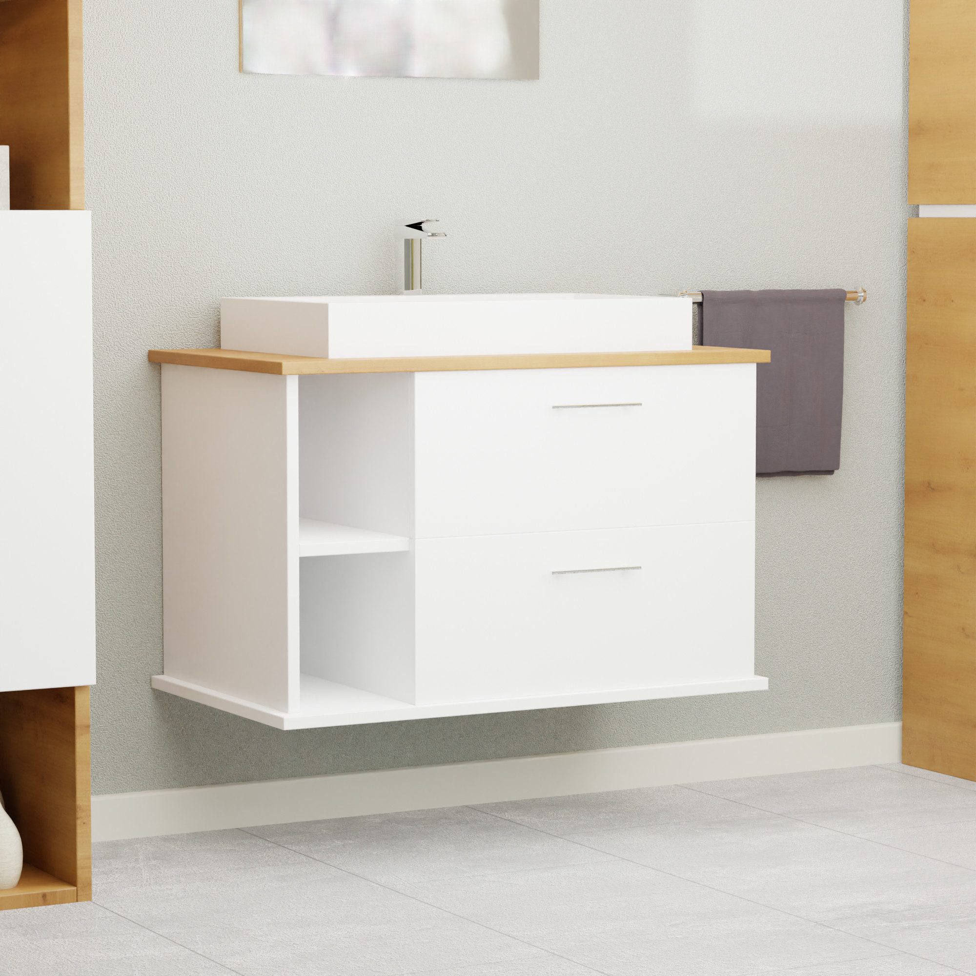GARLIVO Waschbeckenunterschrank GLA-80L mit Schubladen, Badezimmer Waschtischunterschrank, Weiß Breite 80 cm, Soft-Close, Push-to-Open/ Tip-On, Hängend