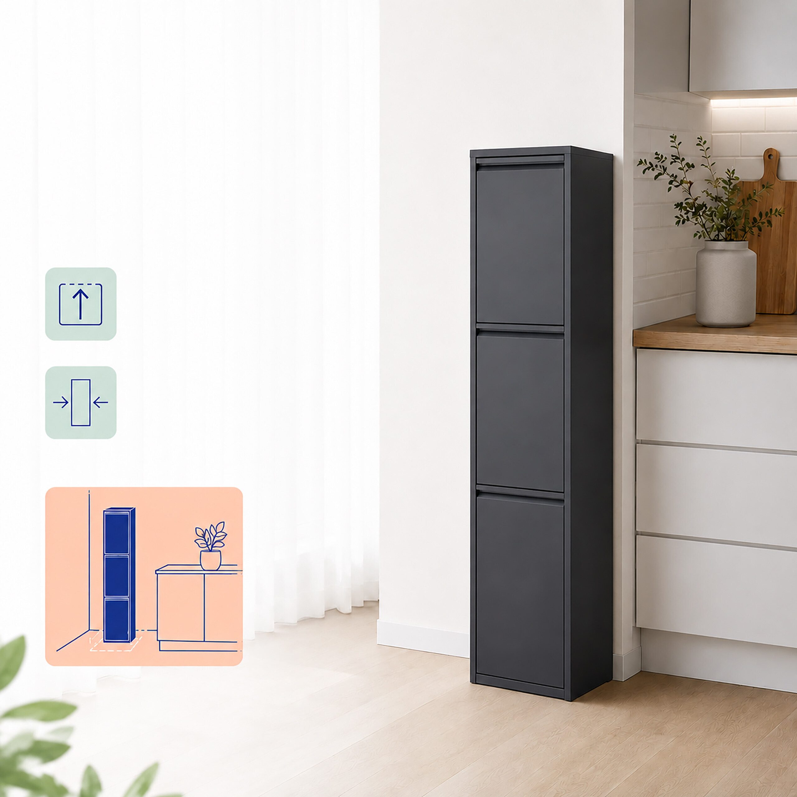 relaxdays Mülltrennsystem Mülleimer 3 Fächer 3x18 l, Anthrazit – Bild 2 von 5