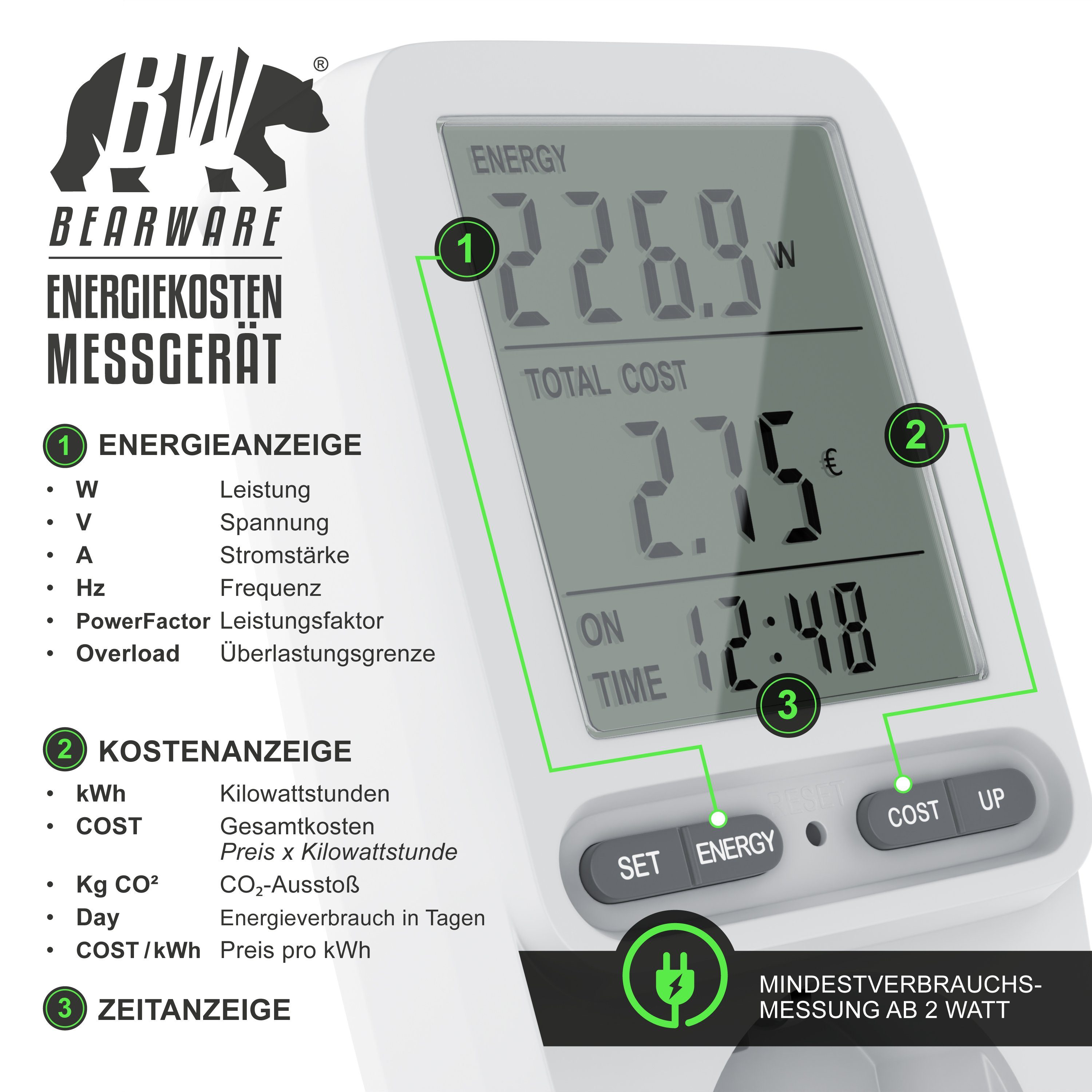 BEARWARE Energiekostenmessgerät max. 3680 W, Strommesser, Stromverbrauchszähler, Stromkostenmessgerät, Steckdose Stromzähler