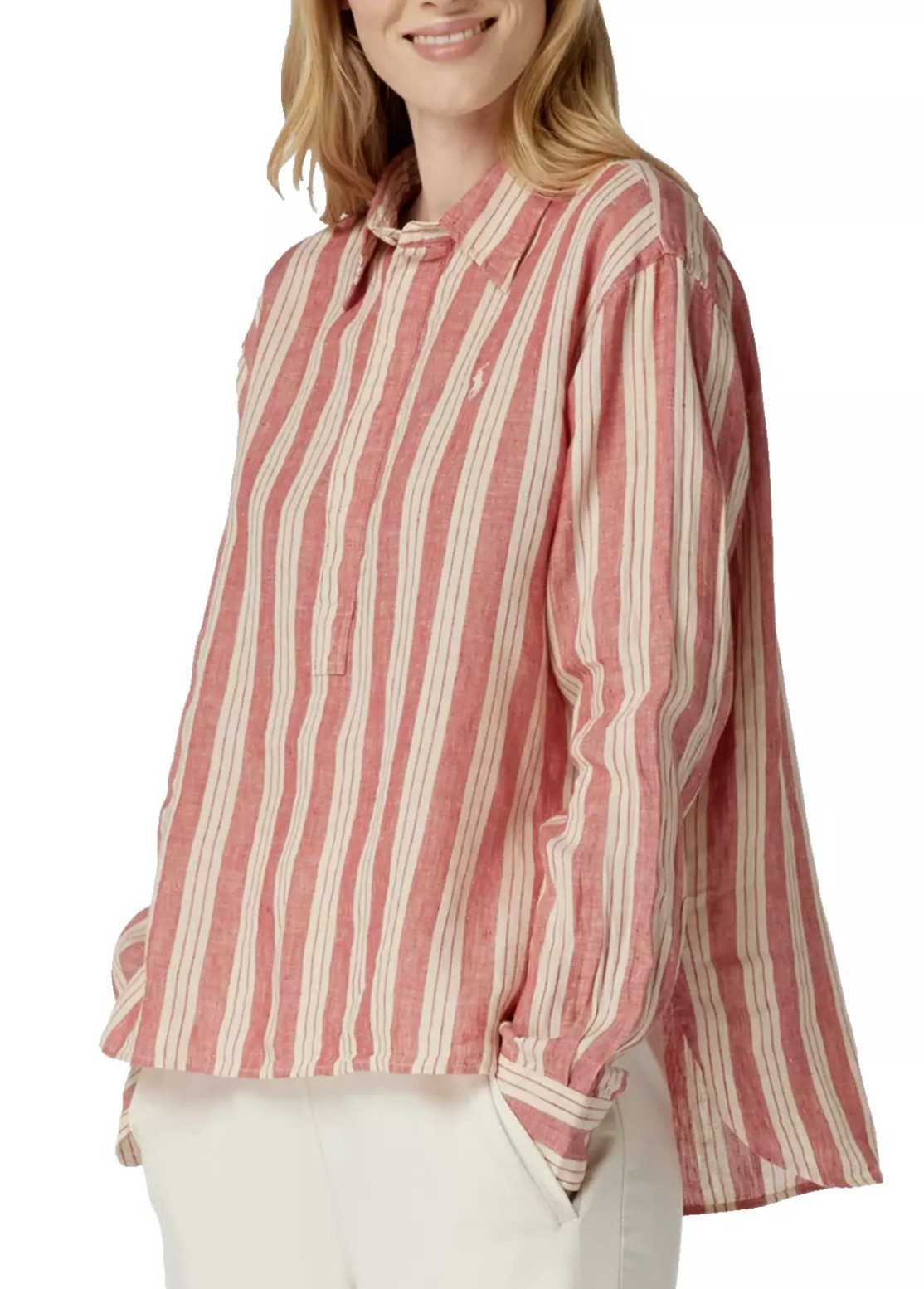 Polo Ralph Lauren Leinenhemd Damen Vokuhila-Hemd Bluse Oversize in Antikrosa Kentkragen, verdeckte Knopfleiste,Streifenmuster,Pony-Stickerei