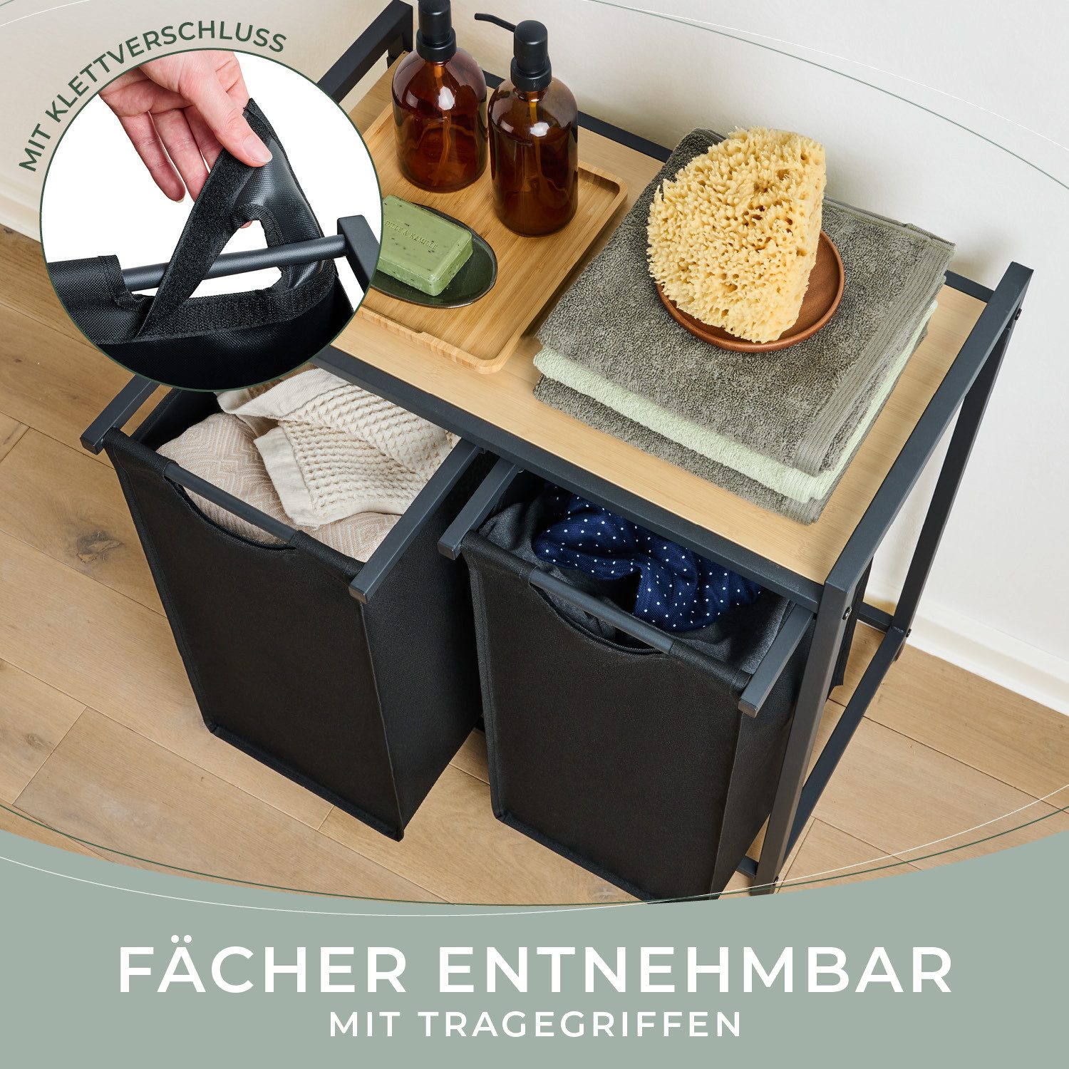 Blumtal Ausziehwäschekorb 2-4 Fächer Wäschesammler mit Ablage und Metallrahmen – Bild 4 von 5