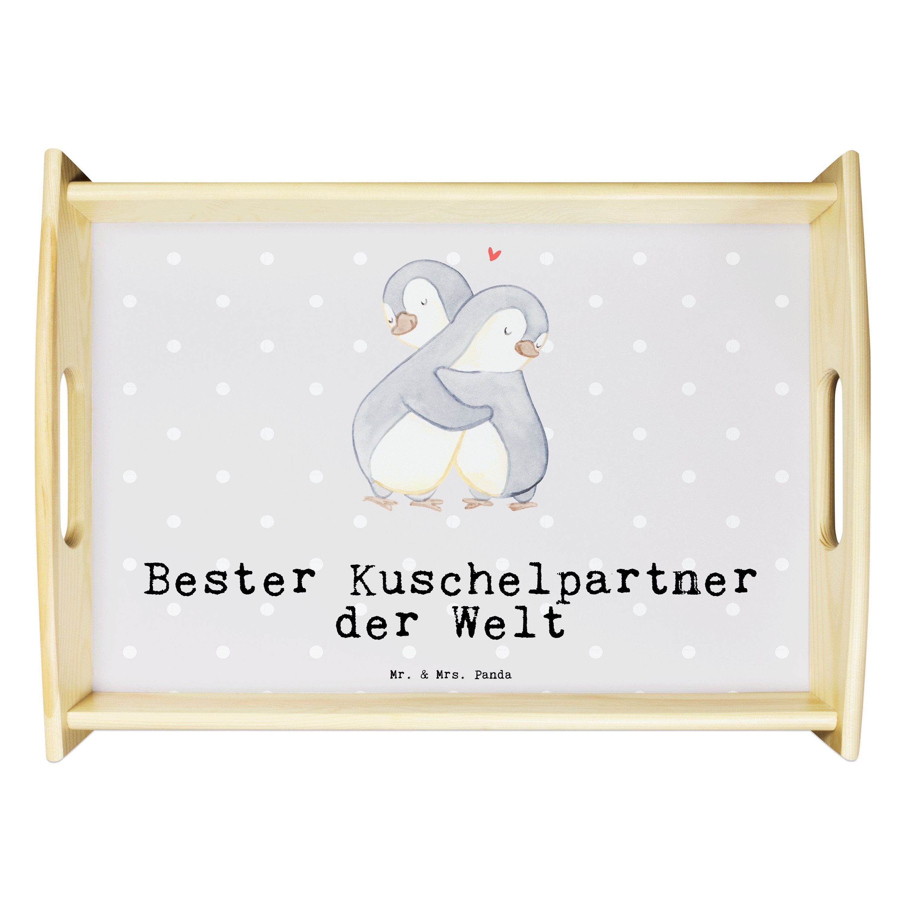 Mr. & Mrs. Panda Tablett Pinguin Bester Kuschelpartner der Welt - Grau Pastell - Geschenk, Leb, Echtholz lasiert, (1-tlg)