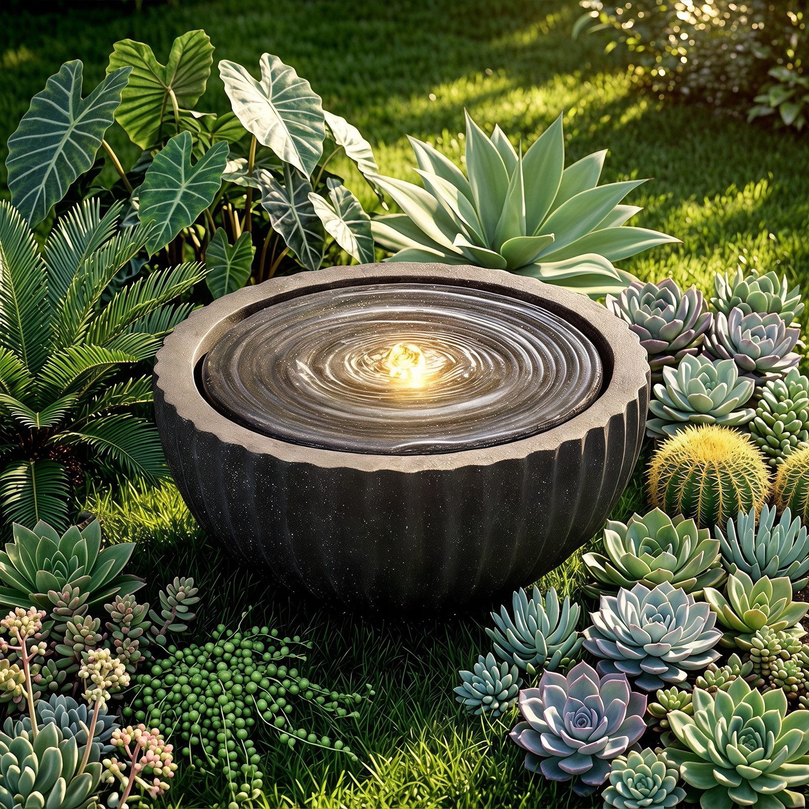 KOMFOTTEU Gartenbrunnen, dekorativer Wasserbrunnen mit LED-Licht & Pumpe