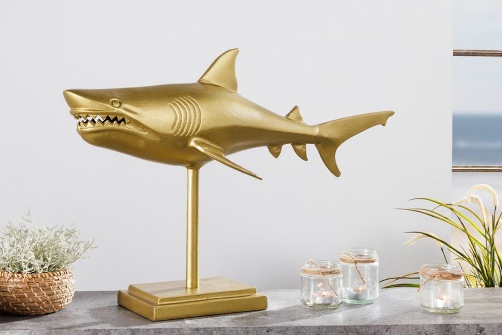 LebensWohnArt Dekoobjekt Deko-Figur Haifisch 70cm SHARK gold Aluminium Maritim Hai Skulptur