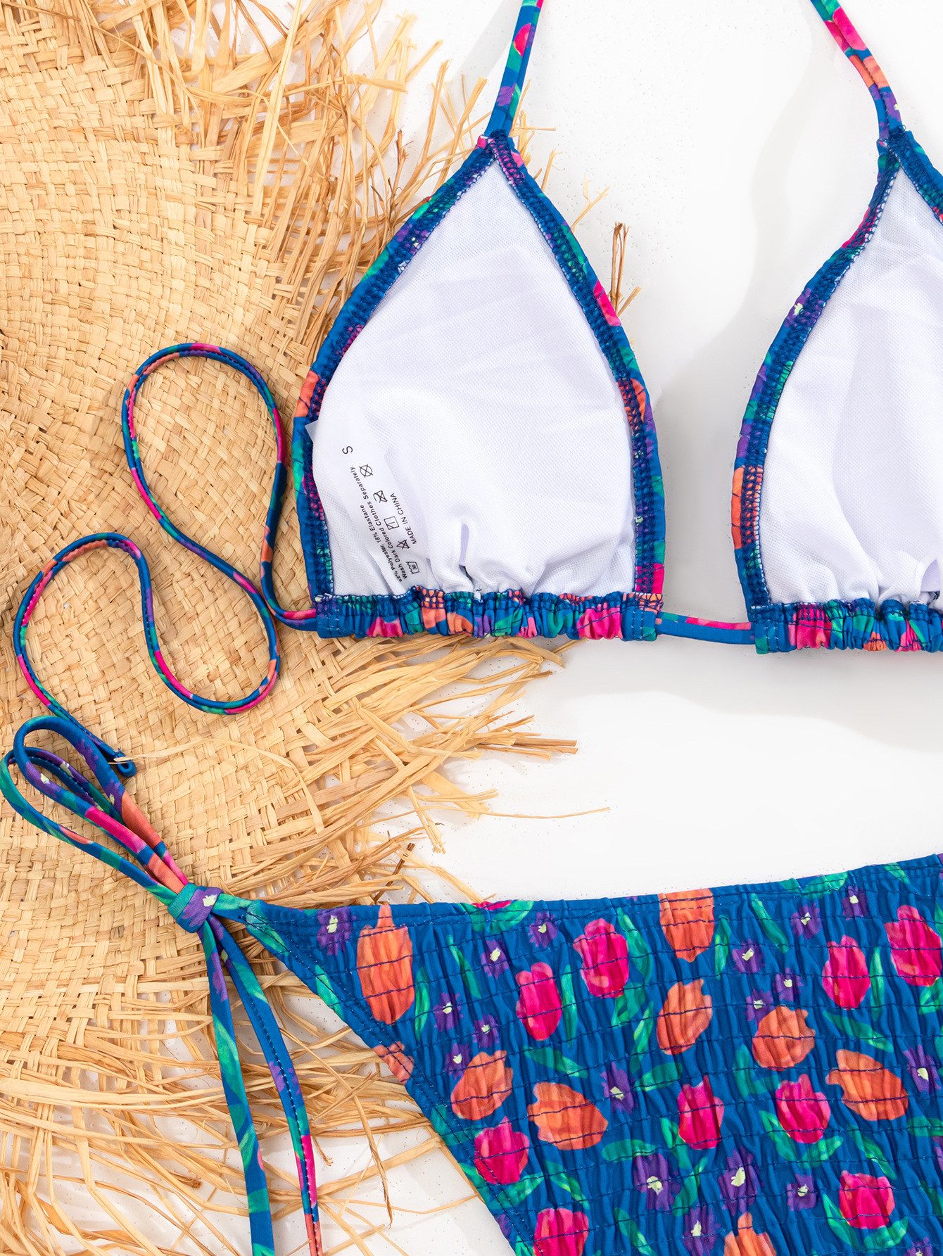 Organza Lingerie bikini bottoms with side ties in blue floral