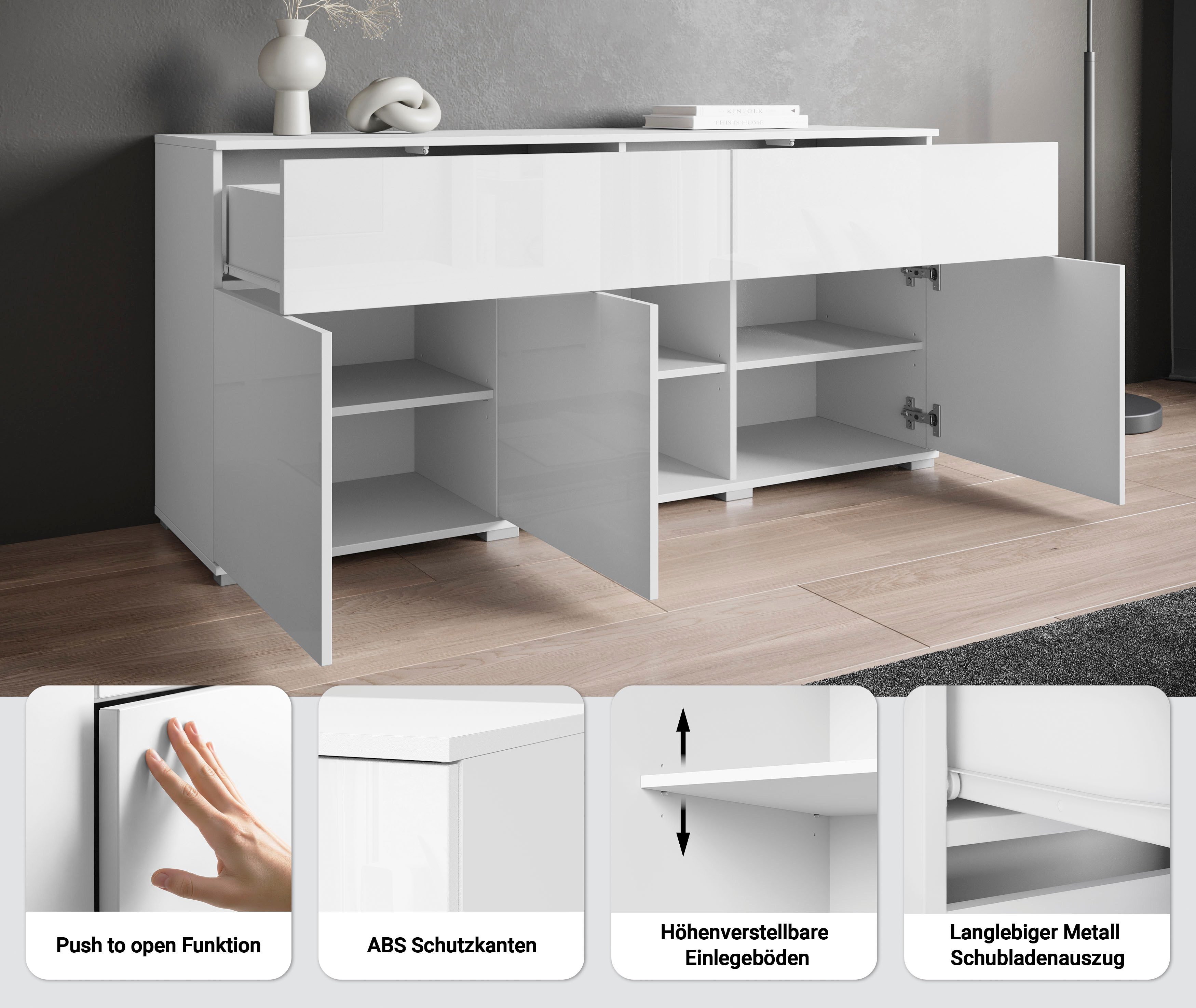 OTTO home Sideboard Kenia, Kommode mit 3 Türen und 2 Schubladen, 150 cm breit (1 St), Griffloses Design mit Push-to-Open und verstellbaren Einlegeböden