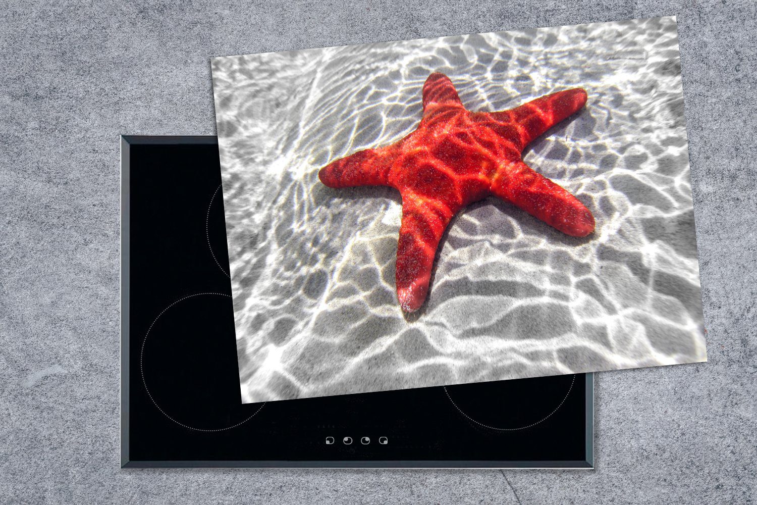 Seestern Rot Arbeitsfläche Herdblende-/Abdeckplatte Mobile - cm, tlg), nutzbar, MuchoWow 70x52 Vinyl, Wasser, - (1 Ceranfeldabdeckung