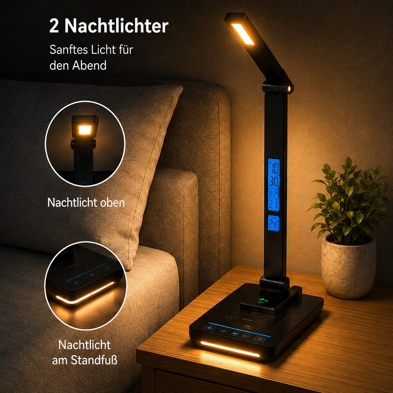 Fyrove Schreibtischlampe LED Tischlampe dimmbar, 10W kabelloses Laden, USB Ladefunktion, LED fest integriert, LCD Display, 5 Lichtfarben, 5 Helligkeitsstufen, N – Bild 5 von 5