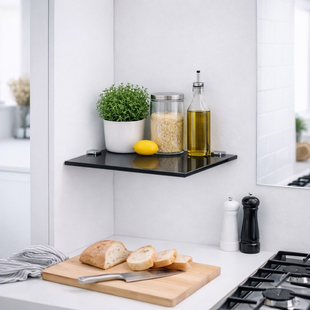 HOOZ Eckregal Glasregal Eckablage ESG – 6 mm, quadratisches Duschregal mit Halterung, Eckregal, Platzsparende Glasablage für Dusche, Bad, Küche oder Wohnraum