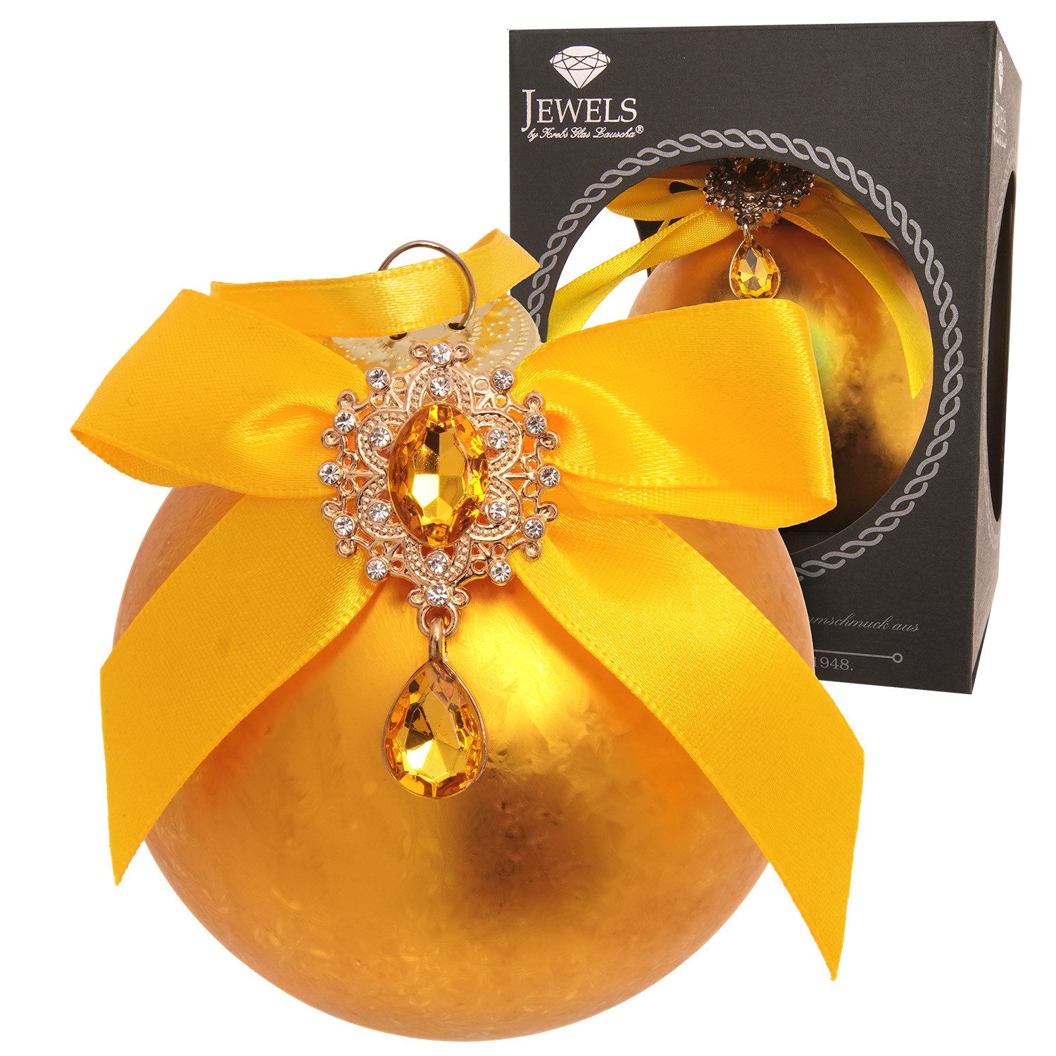 Krebs Glas Lauscha Weihnachtsbaumkugel Glaskugel in Gold mit Strassstein und Schleife im Eisdesign - Ø 8 cm, Setzt glamouröse, funkelnde Akzente am Weihnachtsbaum