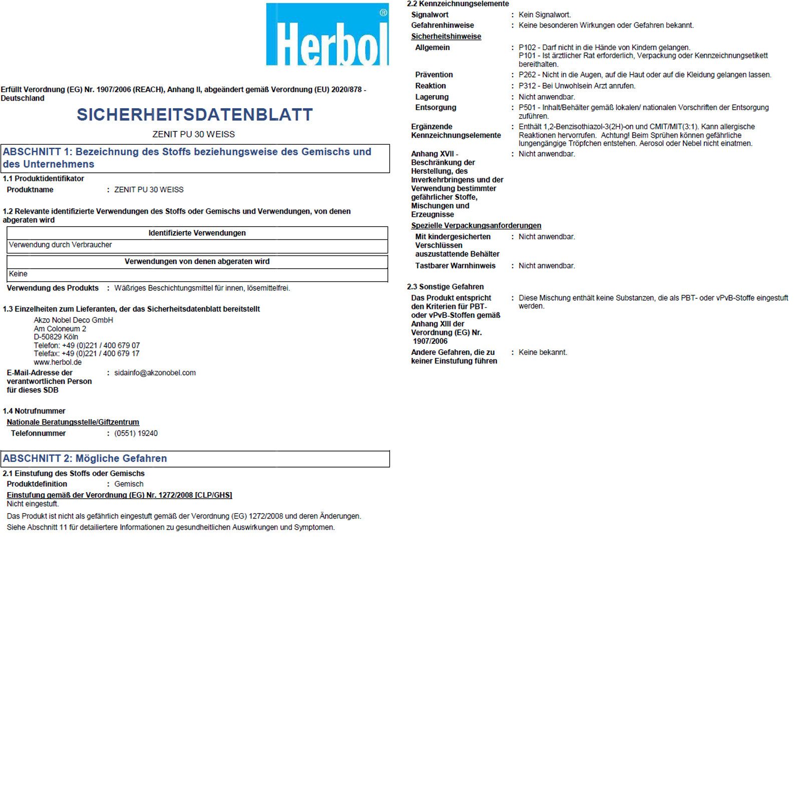 Herbol Wandfarbe Zenit PU 30 - 12.5 Ltr (Weiss)