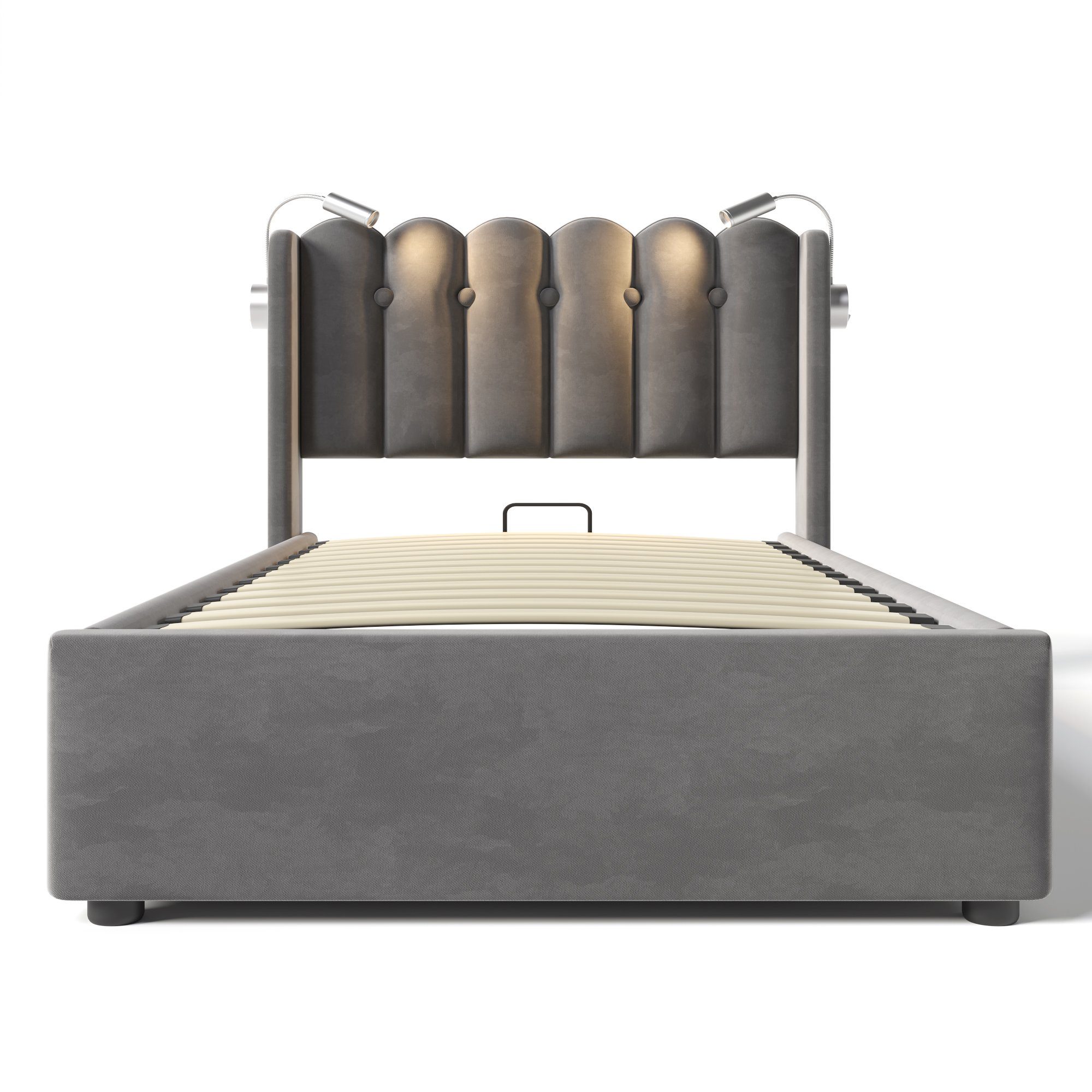 Samt ×200CM), mit und Polsterbett mit Ohne Grau Einzelbett Bettkasten, USB-Ladeanschlüsse, (1-tlg., 2 Leselicht BlingBin lattenrost, Ladefunktion Matratze, 90