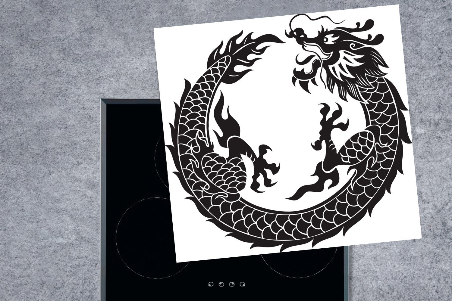 Drachens, Illustration küche Arbeitsplatte Ceranfeldabdeckung, eines MuchoWow 78x78 Schwarz-weiß Herdblende-/Abdeckplatte Vinyl, (1 tlg), cm, für chinesischen