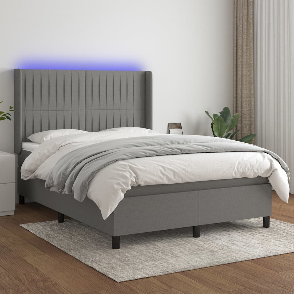 vidaXL Boxspringbett 140 x 200 cm Boxspringbett mit Matratze LED Dunkelgrau 140x200 cm Sto