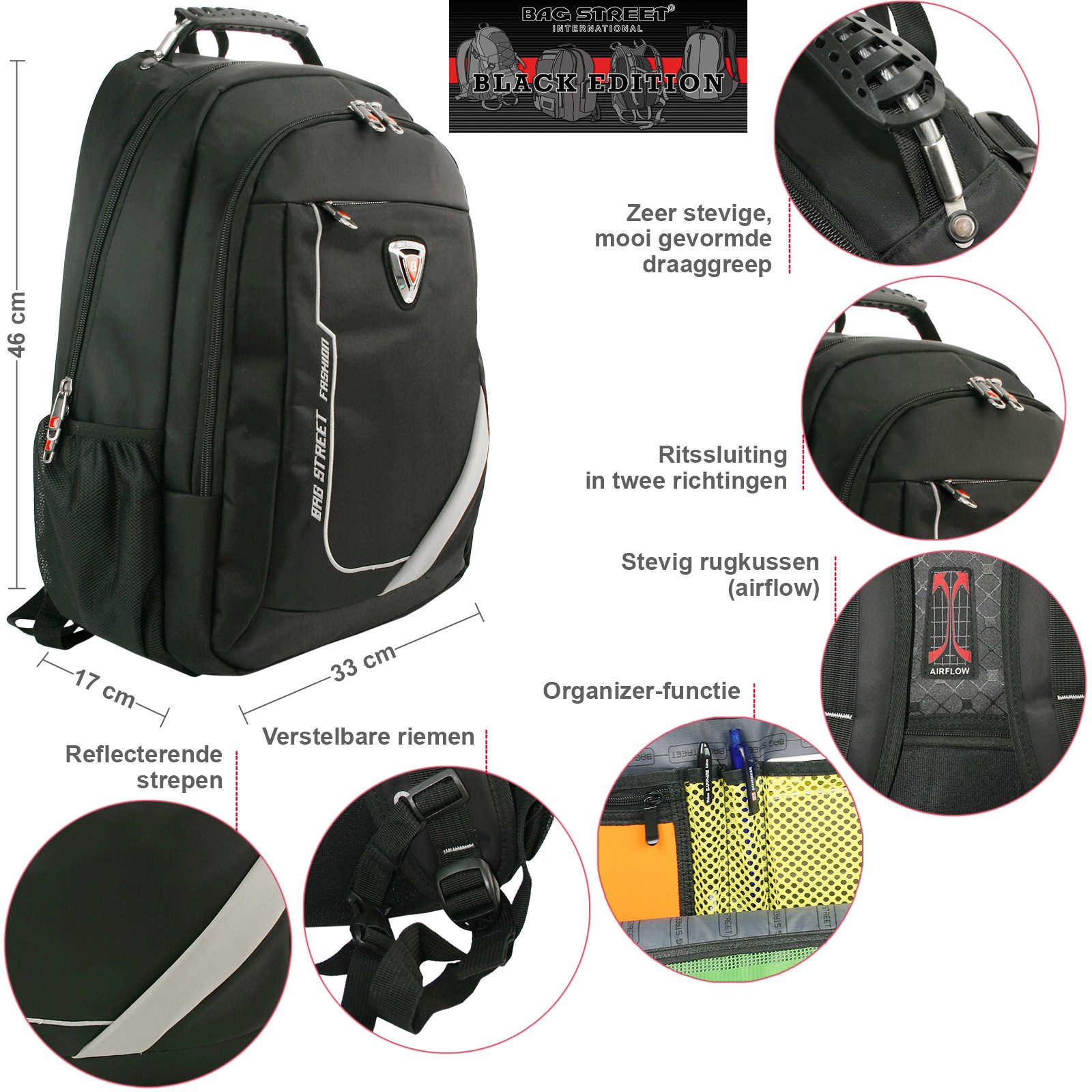 BAG STREET INTERNATIONAL Cityrucksack Großer Business Rucksack mit Laptopfach 17" gepolstert XXL Daypack, Laptop- / Notebook-Fach