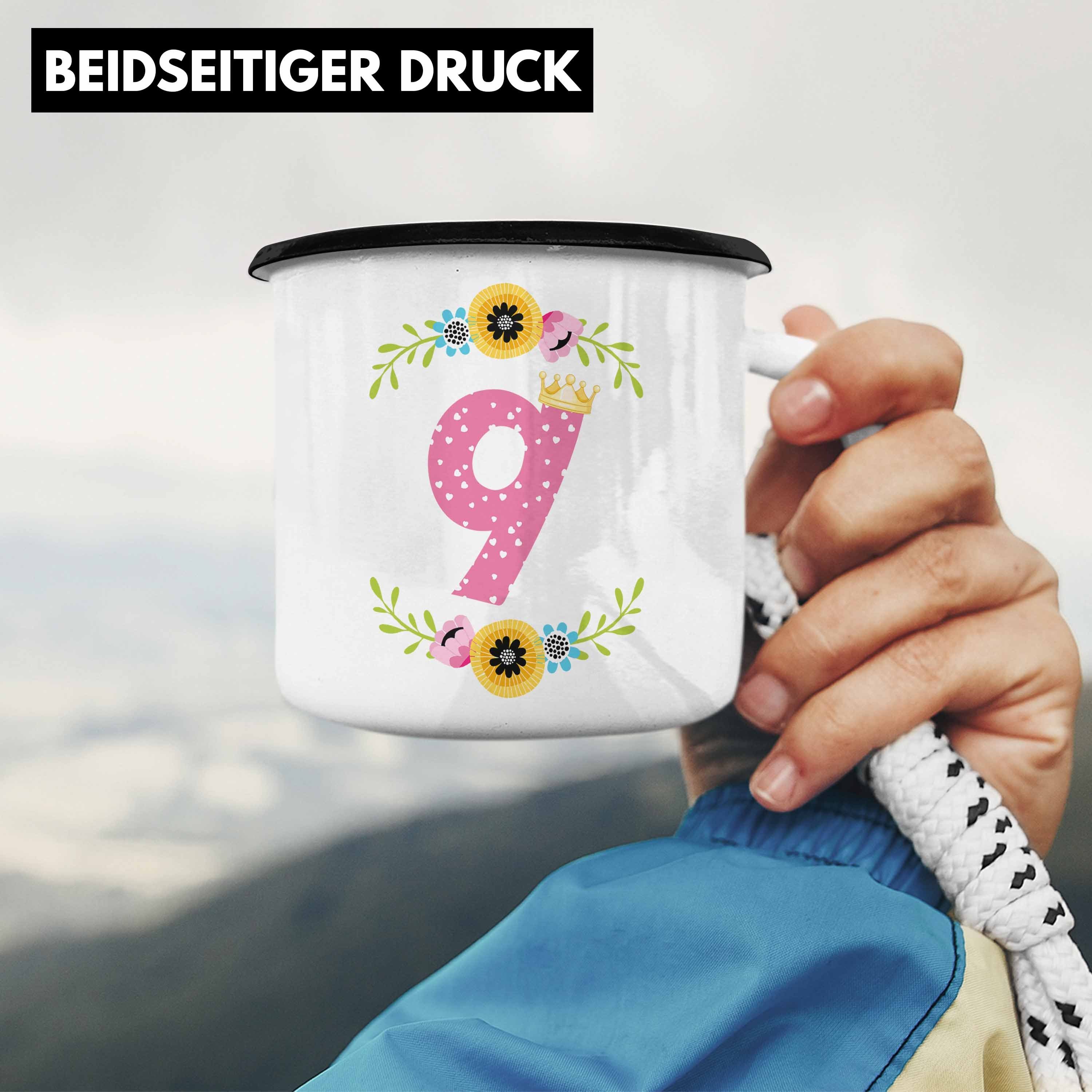 Trendation Thermotasse Trendation - Emaille Geburtsagsparty Tasse zum Alt Neunten Grafik Schwarz Geschenk Mädchen 9 Krone Jahre 9. Geburtstag