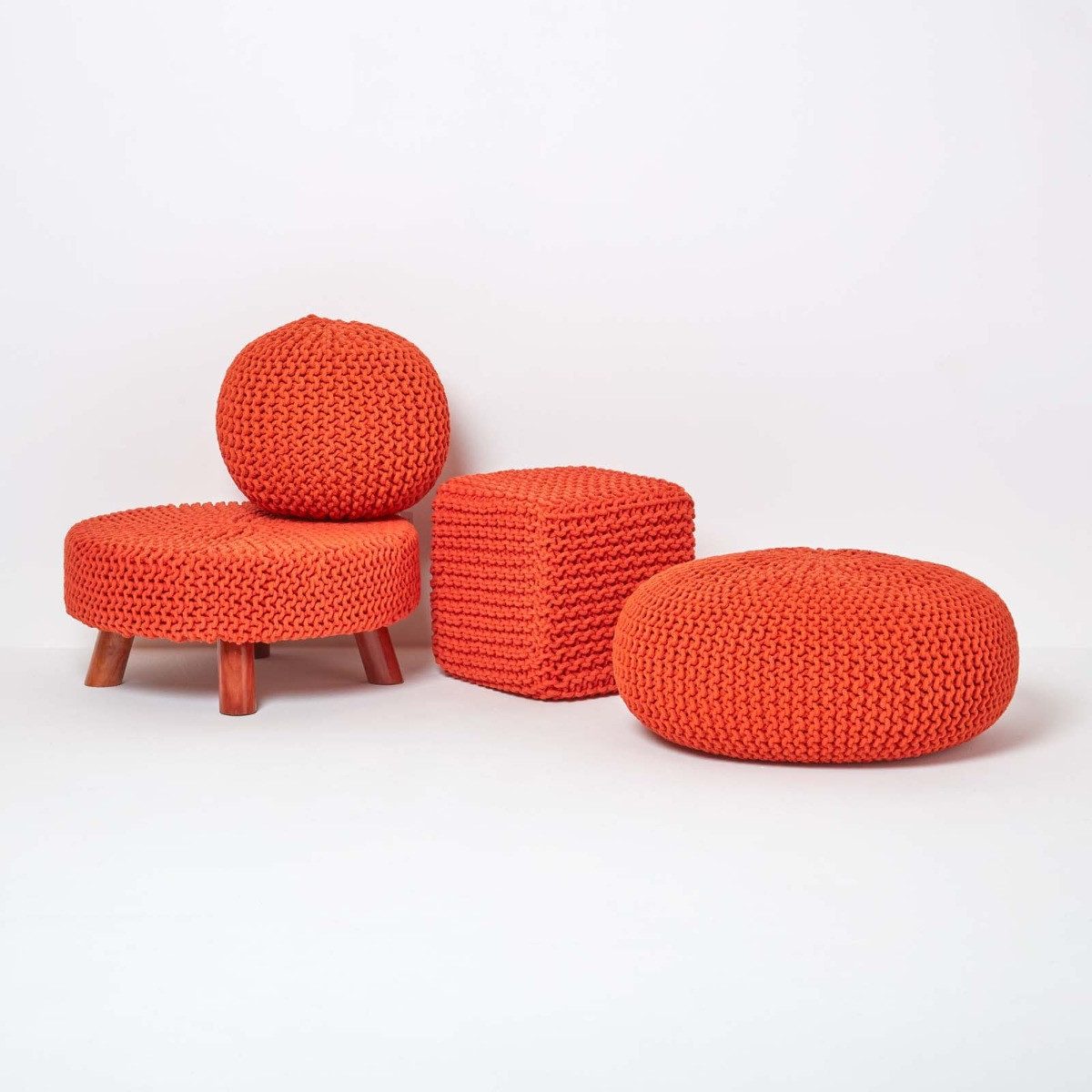 Homescapes Pouf Runder Strickpouf 100% Baumwolle, orange