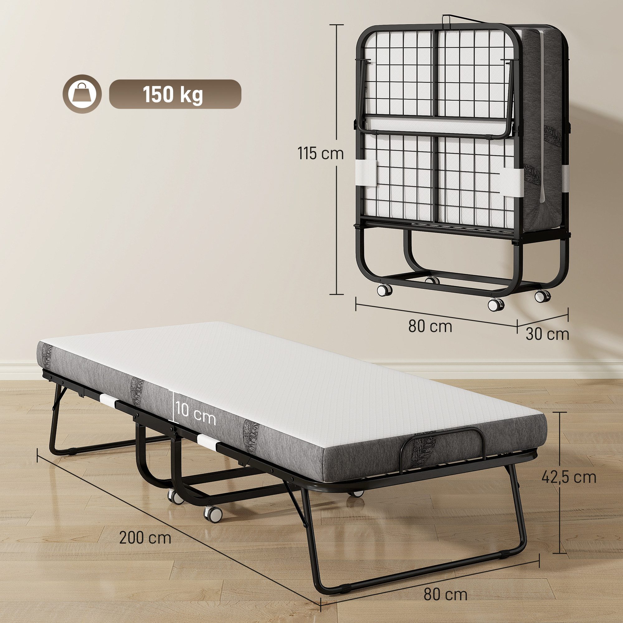 HOMCOM Gästebett Klappbett 90x200 cm mit 10cm Dicker Schaumstoff Einzelbett (Stahl+Schaumstoff, 1-St., Weiß+Schwarz) 200 x 80 x 42,5 cm – Bild 3 von 5