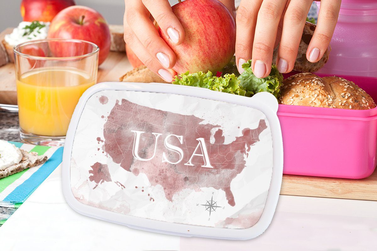 Amerika Lunchbox Brotdose Aquarell, Mädchen, Kinder, - Karte Brotbox Kunststoff, MuchoWow (2-tlg), Snackbox, rosa für Erwachsene, Kunststoff -