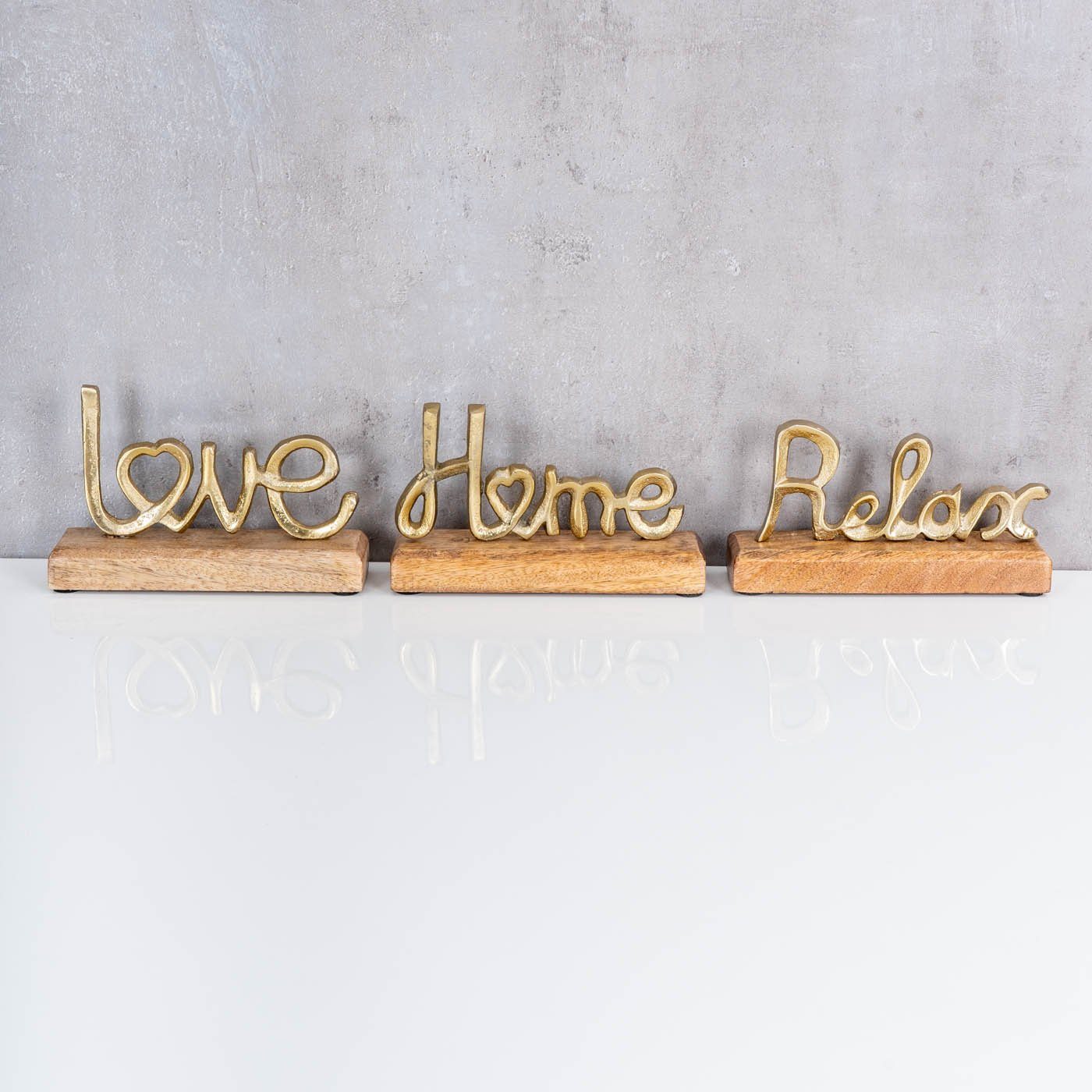 Gold Relax Aufsteller Mango Deko-Schriftzug, Home Love Metall Levandeo® Holz Set 3er Schriftzug