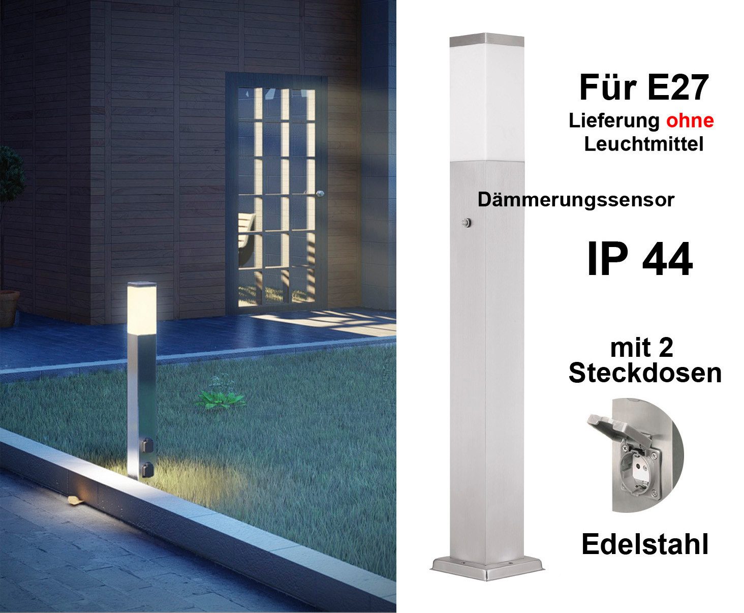 G&L Gartensteckdose LED Pollerleuchte IP44 Gartenstehlampe, Wegeleuchte mit E27-Fassung, Edelstahl Außenleuchte Stehleuchte, mit 2 Steckdosen, Leuchtmittel nich – Bild 5 von 5