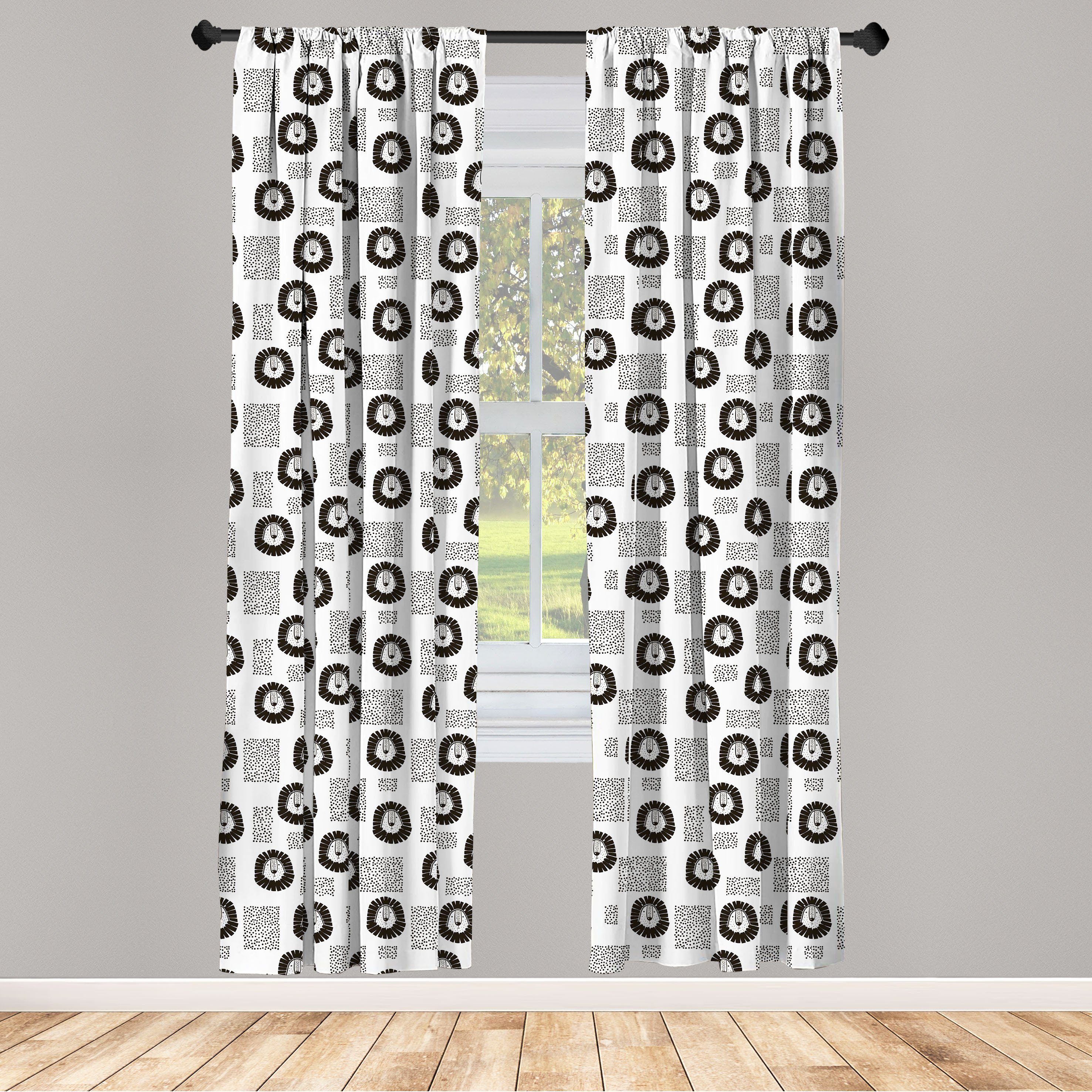 Gardine Vorhang für Wohnzimmer Schlafzimmer Dekor, Abakuhaus, Microfaser, Schwarz und weiß Hand gezeichneter Löwe