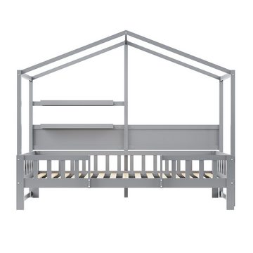 MODFU Kinderbett Holzbett, mit lustigem Dach und Sicherheitszaun (90 x 200 cm), ohne Matratze
