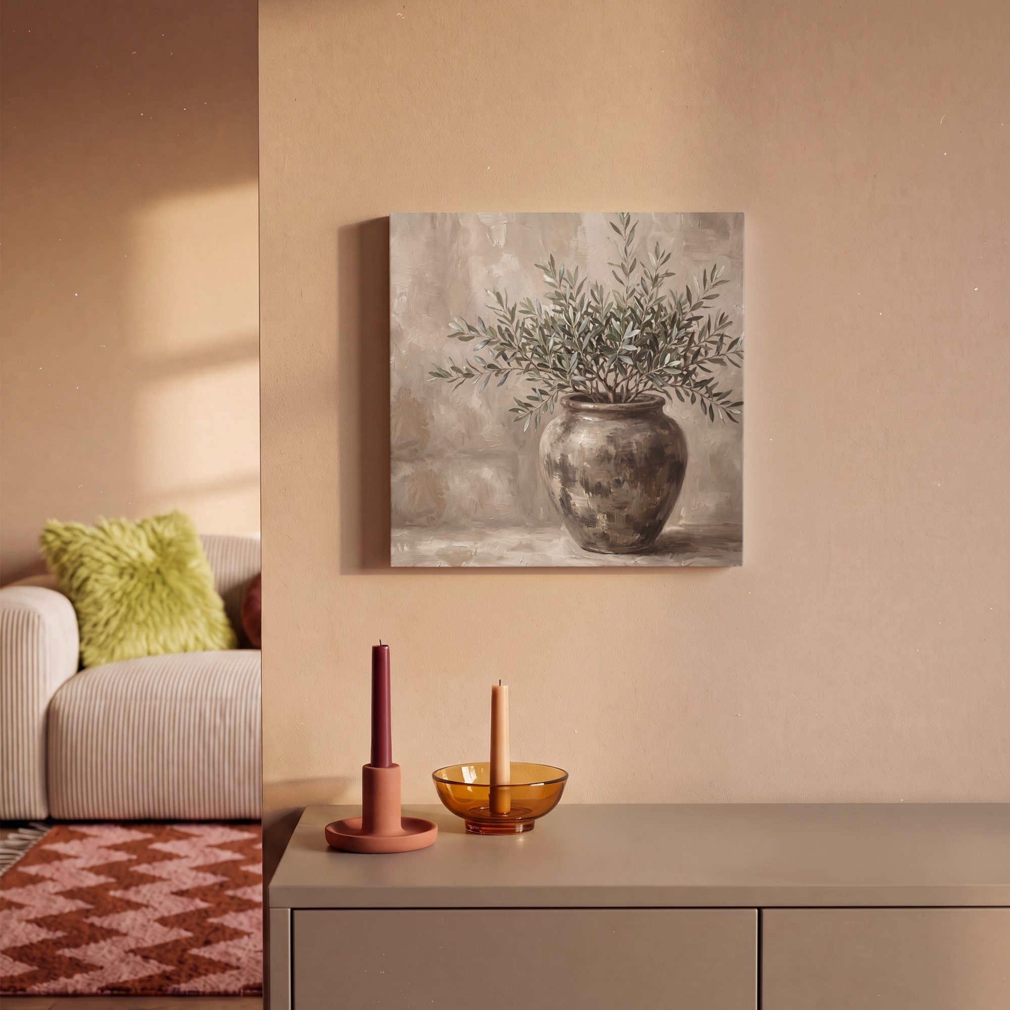 OneMillionCanvasses® Leinwandbild Olivenpflanze - Tontopf - Abstrakt - Beige, Fotodruck (1 St), Wandbild, Deko Schlafzimmer Wohnzimmer Flur 20x20 cm – Bild 2 von 5