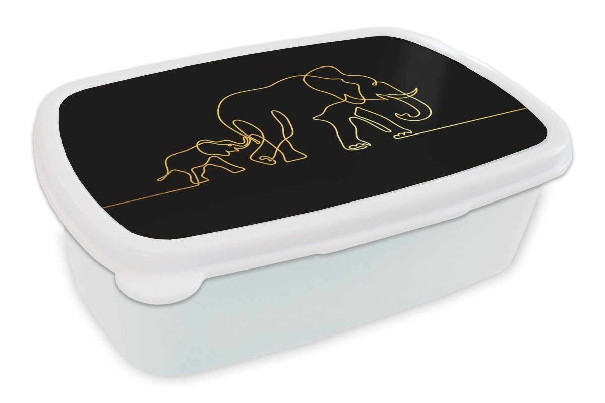 MuchoWow Lunchbox Elefant - Gold - Schwarz - Minimalismus, Kunststoff, (2-tlg), Brotbox für Kinder und Erwachsene, Brotdose, für Jungs und Mädchen weiß