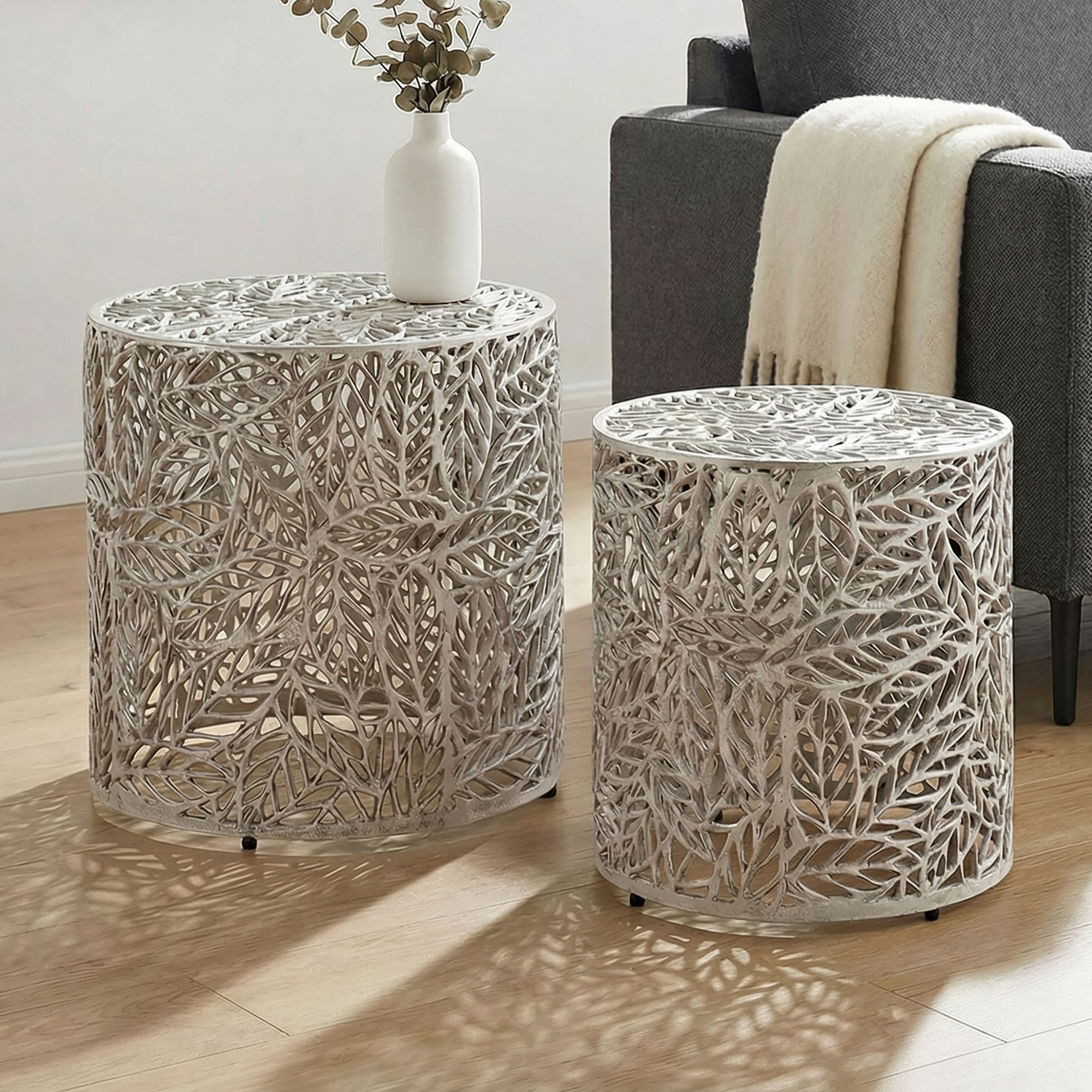 FINEBUY Satztisch FB114446 Metall Beistelltisch Alu Wohnzimmertisch Couchtisch Aluminium (Filigrane Optik mit dekorativer Struktur), Flexible Ablage für moderne Wohnräume