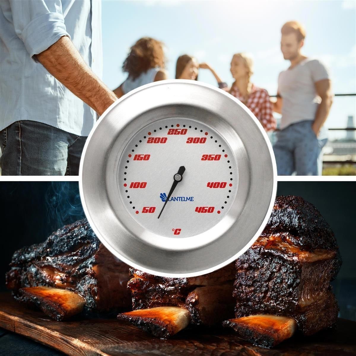 Lantelme Grillthermometer 450°C Grill Grillraum Grilldeckel Thermometer Edelstahl, 2-tlg., Grillzubehör für Grillraum Temperaturüberwachung beim Grillen