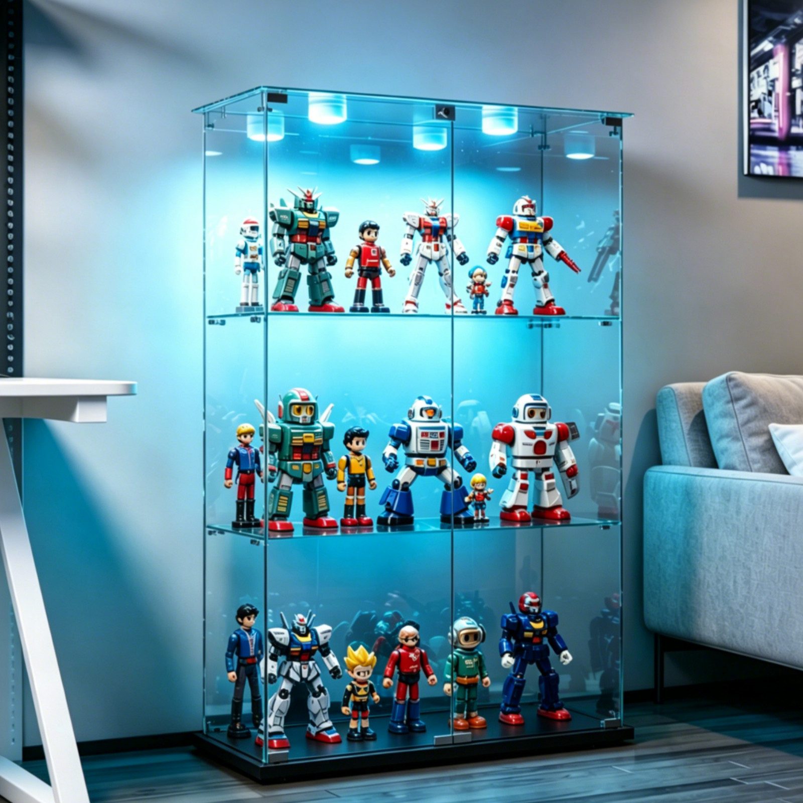 Simurq Glasvitrine Standvitrinen mit LED Beleuchtung Vitrinenschrank mit Glastür (glas vitrine mit 2 Glastür und 3 Lagen,Schloss,Kippsicherung) Sammlervitrine aus gehärtetes Glas,Modernes rahmenloses Design
