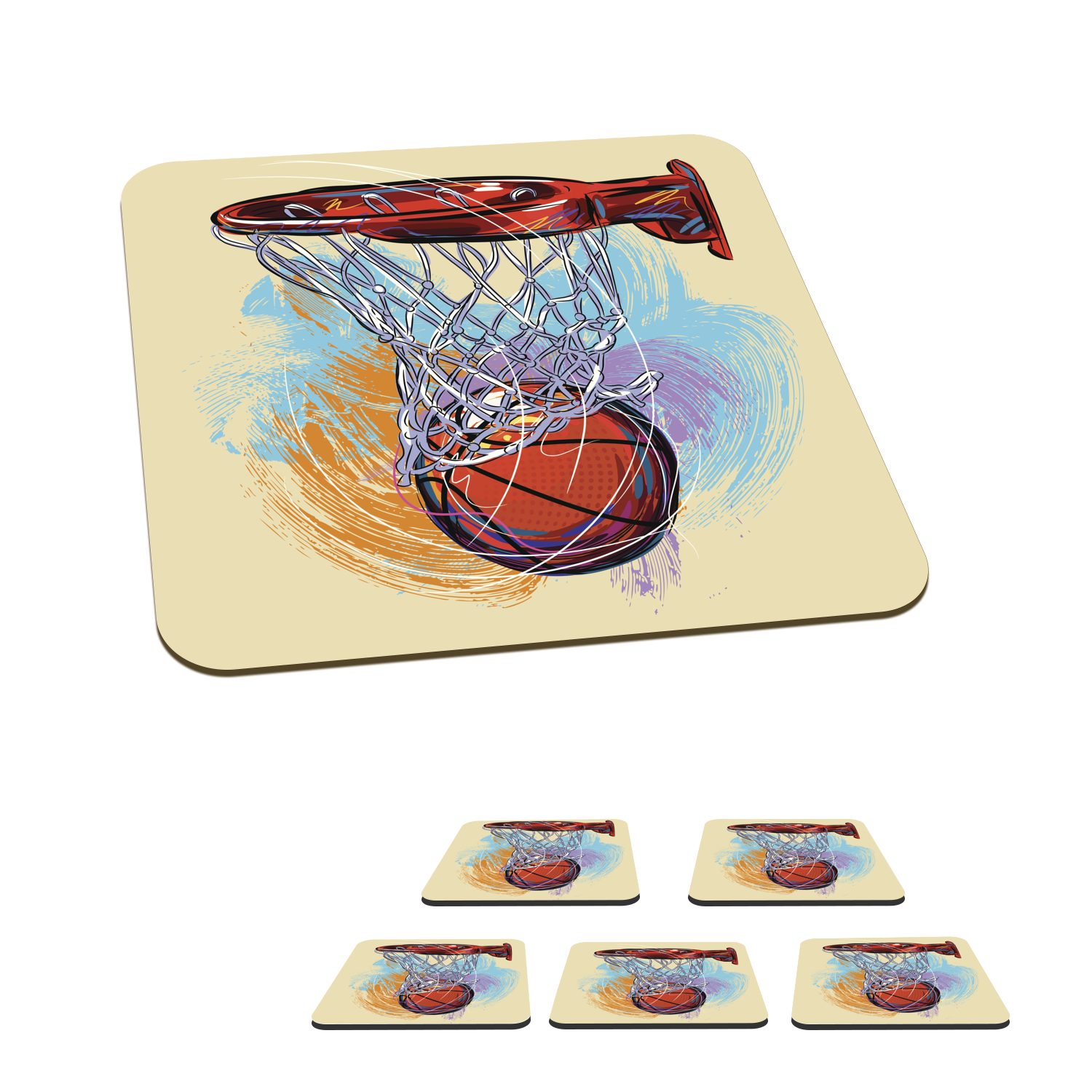 MuchoWow Glasuntersetzer Eine Illustration eines Basketballs, der mit voller Geschwindigkeit, Zubehör für Gläser, 6-tlg., Glasuntersetzer, Tischuntersetzer, Korkuntersetzer, Untersetzer, Tasse
