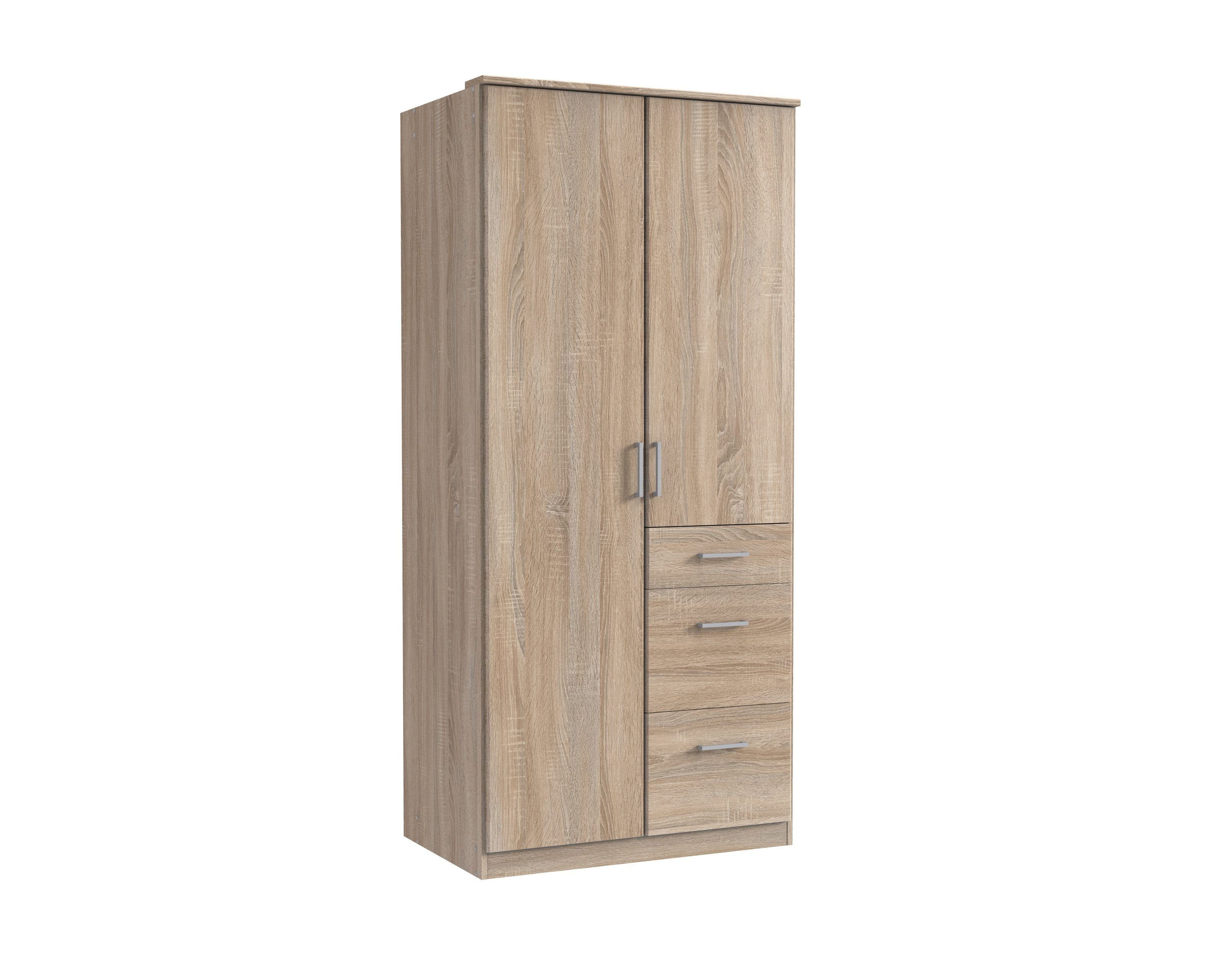 freiraum Kleiderschrank Türen in Schubladen 3 Click Eiche-Sägerau-Nachbildung und 2 (B/H/T: cm) 90x198x58 mit
