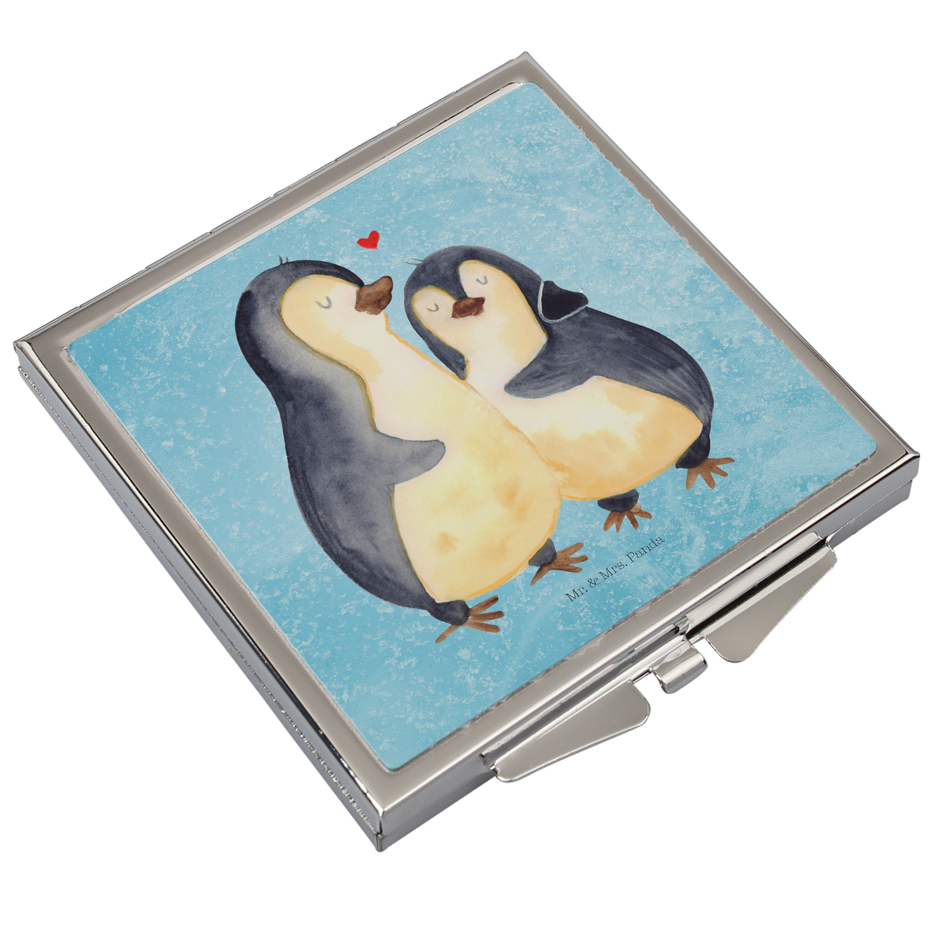 Mr. & Mrs. Panda Kosmetikspiegel Pinguin Eisblau Liebesgesch umarmend Umarmung (1-St) verliebt, Geschenk, - 