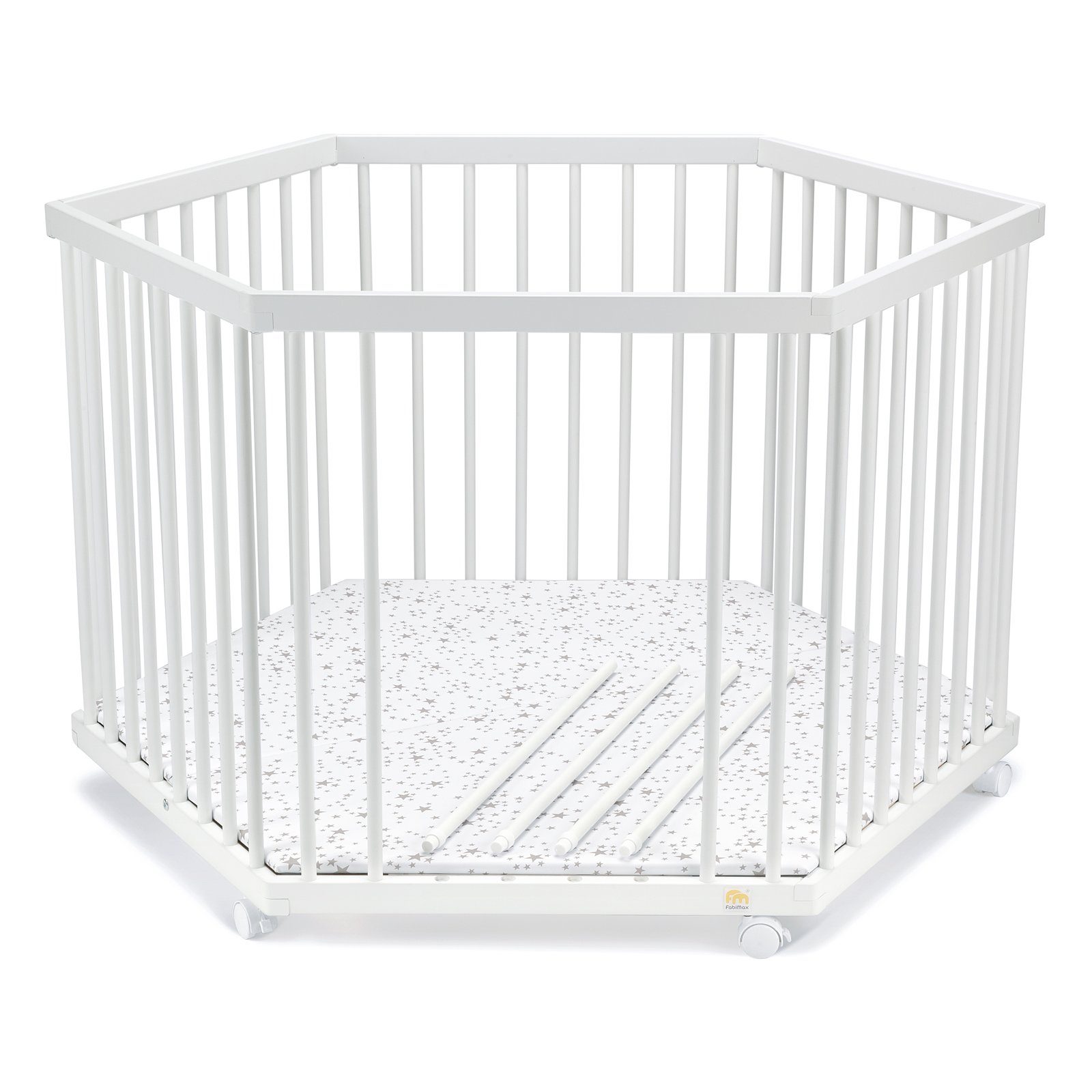 FabiMax Laufgitter 6-eck, Buche massiv, 4 Schlupfsprossen, stufenlos höhenverstellbar, inkl. 6 Parkettrollen