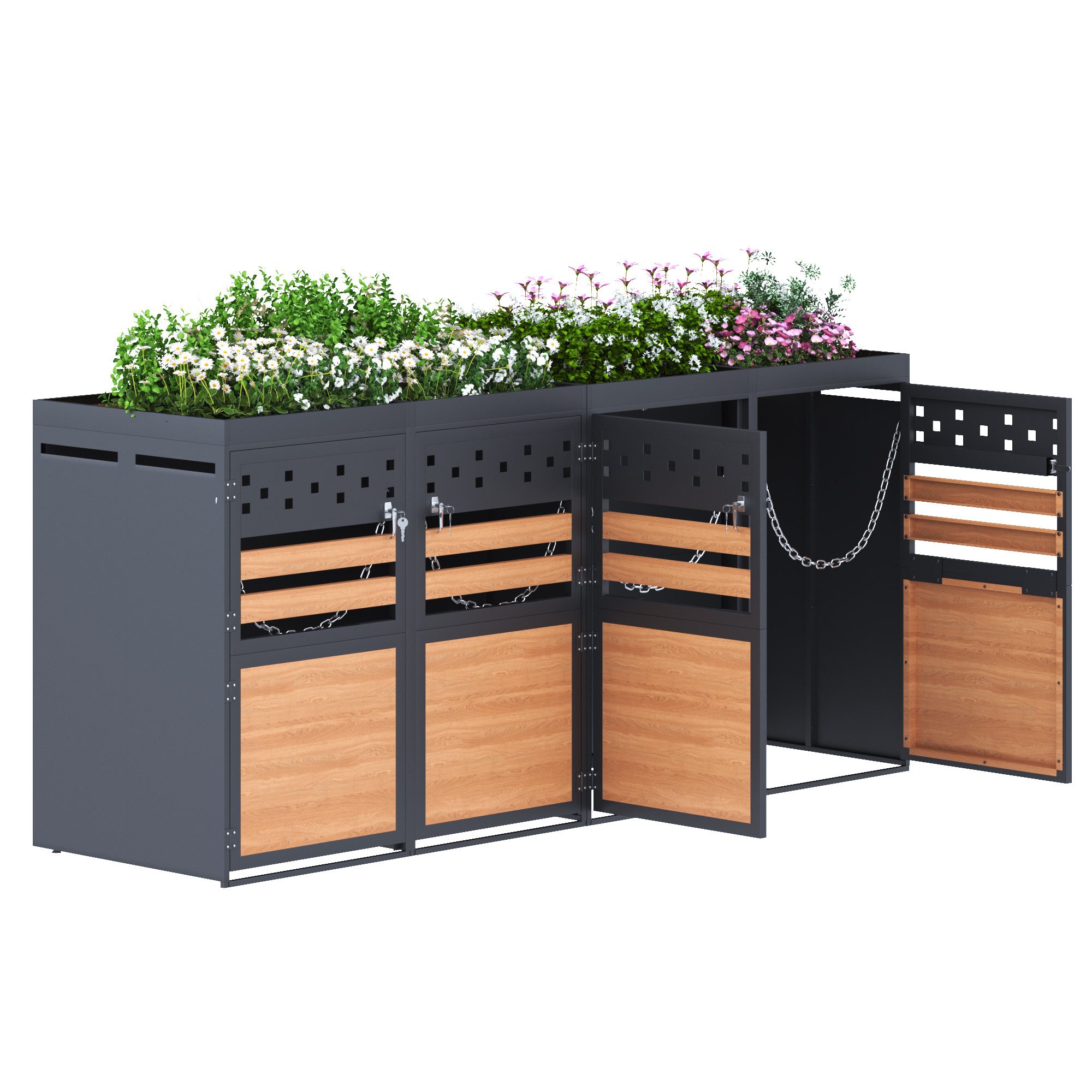 HAUSS SPOLE Mülltonnenbox mit Pflantdach, für 4 Mülltonnen 120-240 Liter, Tür in Holzoptik (Abfallstaufach, Abfalleimer, 2 St., fasst Mülltonnenbox mit einem Fassungsvermögen von 120-240 Litern), mit Belüftungslöchern
