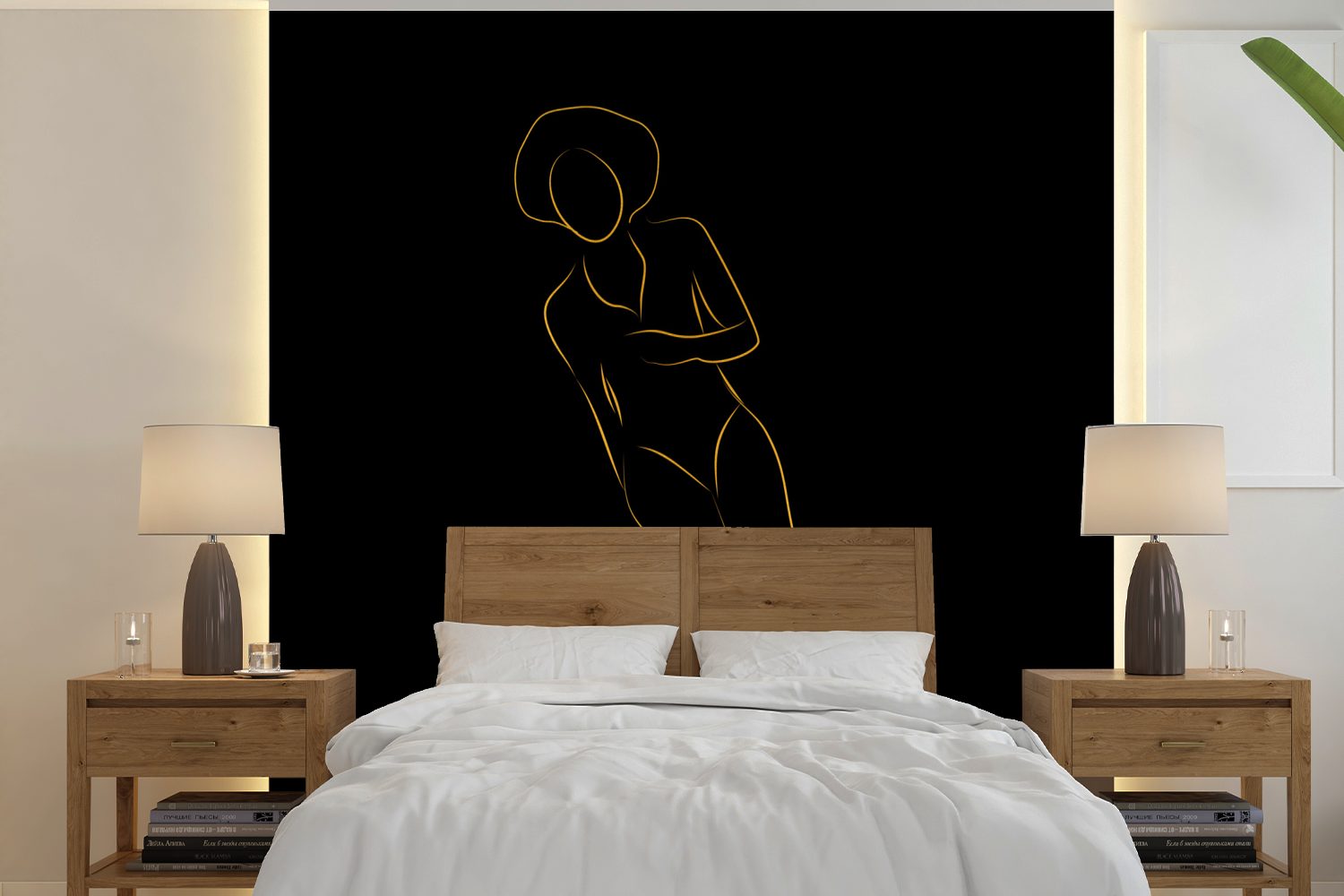 MuchoWow Fototapete Frau - Gold - Schwarz - Strichzeichnung, Matt, bedruckt, (5 St), Vinyl Tapete für Wohnzimmer oder Schlafzimmer, Wandtapete