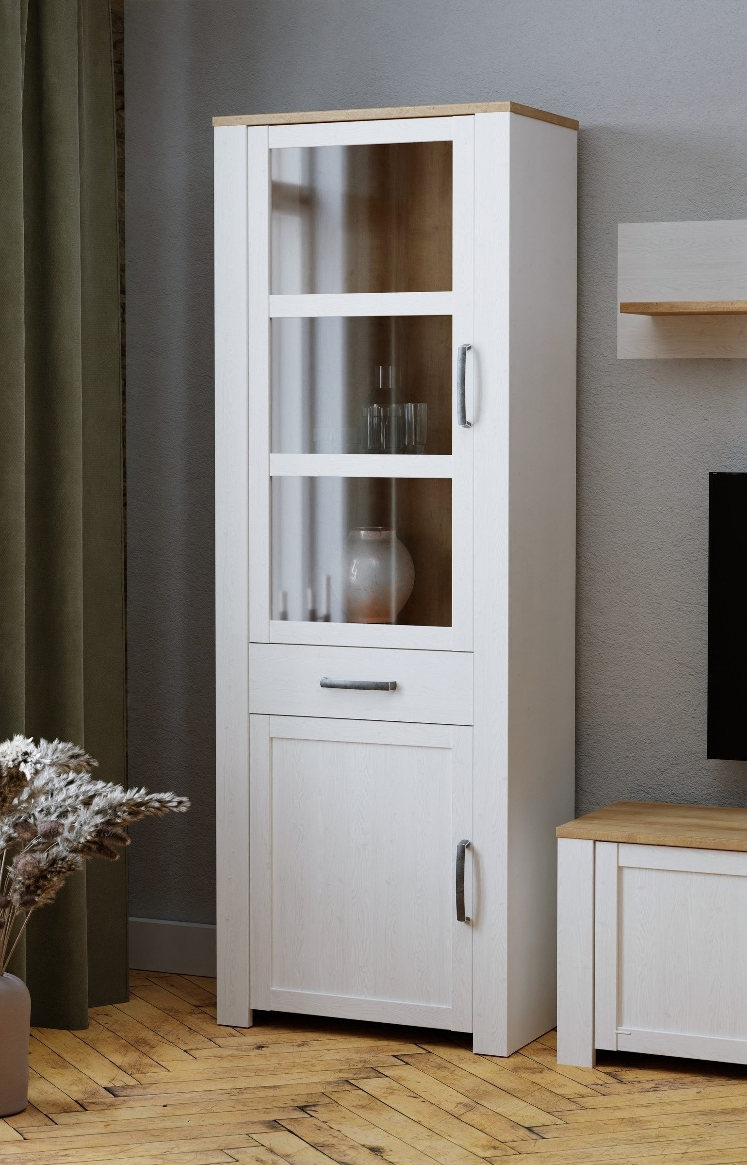 PREISBRECHER Stauraumvitrine BOHOL in Riviera Eiche Dekor / Sibiu - 71,7x205,4x42cm (BxHxT)