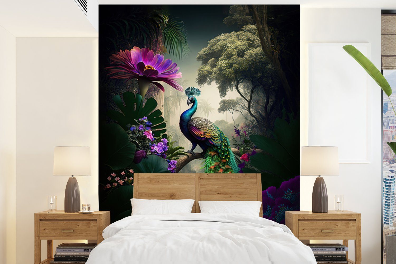 MuchoWow Fototapete Pfau - Blumen - Dschungel - Regenbogen - Federn, Matt, bedruckt, (4 St), Montagefertig Vinyl Tapete für Wohnzimmer, Wandtapete