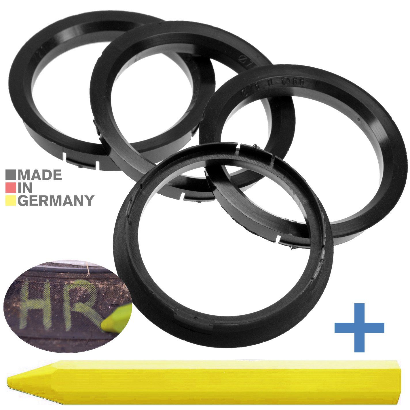 RKC Reifenstift 4X Zentrierringe Schwarz Felgen Ringe + 1x Reifen Kreide  Fett Stift, Maße: 76,0 x 66,1 mm