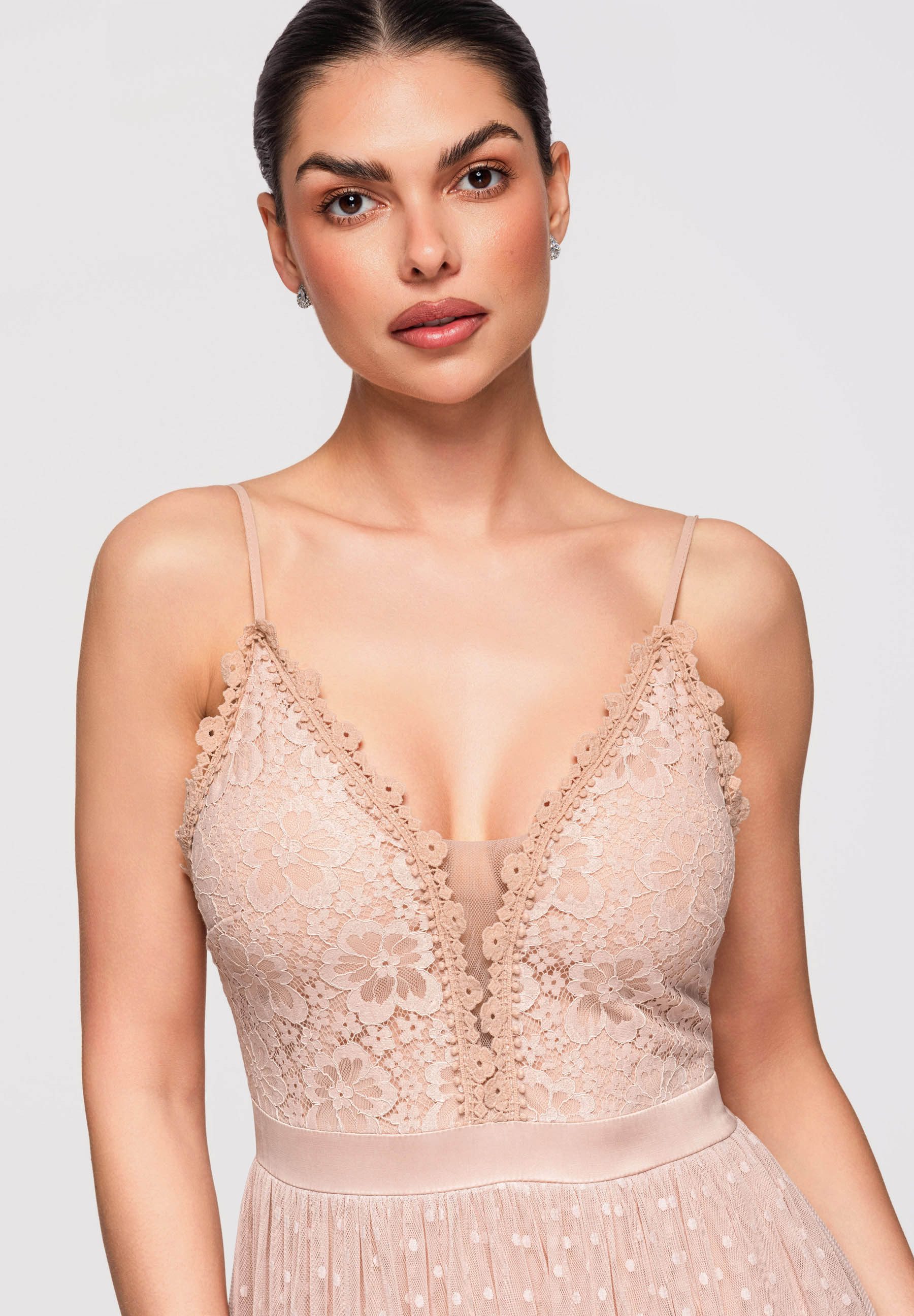 OMBRE Abendkleid Damen Midi-Kleid Spitze Tüll Cocktail Beige S (kein Set, 1-tlg) Mehrlagiger Rock aus Mesh