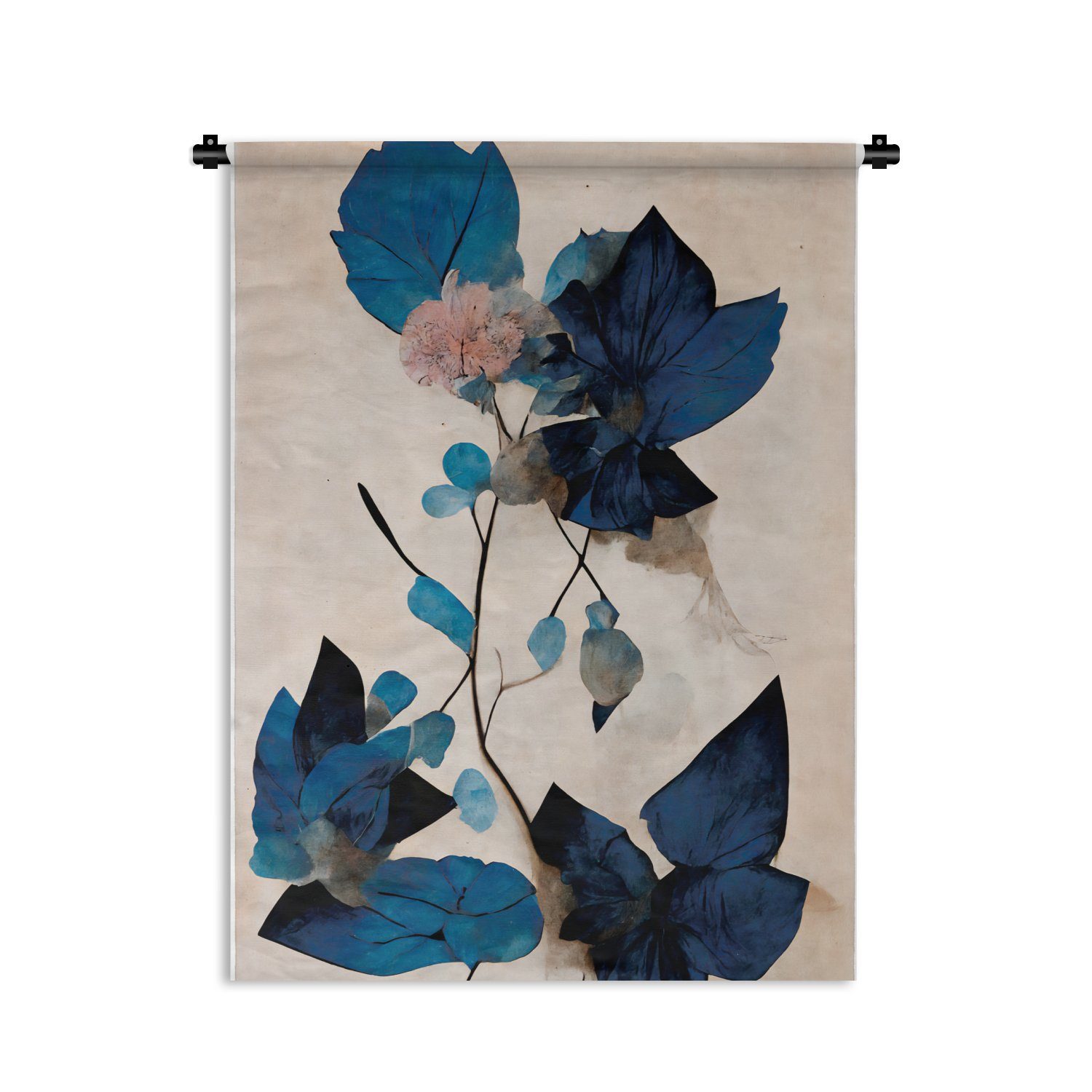 MuchoWow Wanddekoobjekt Pflanzen - Blätter - Blau - Blumen, Deko für an der Wand, Wohnzimmer, Tapisserie, Schlafzimmer