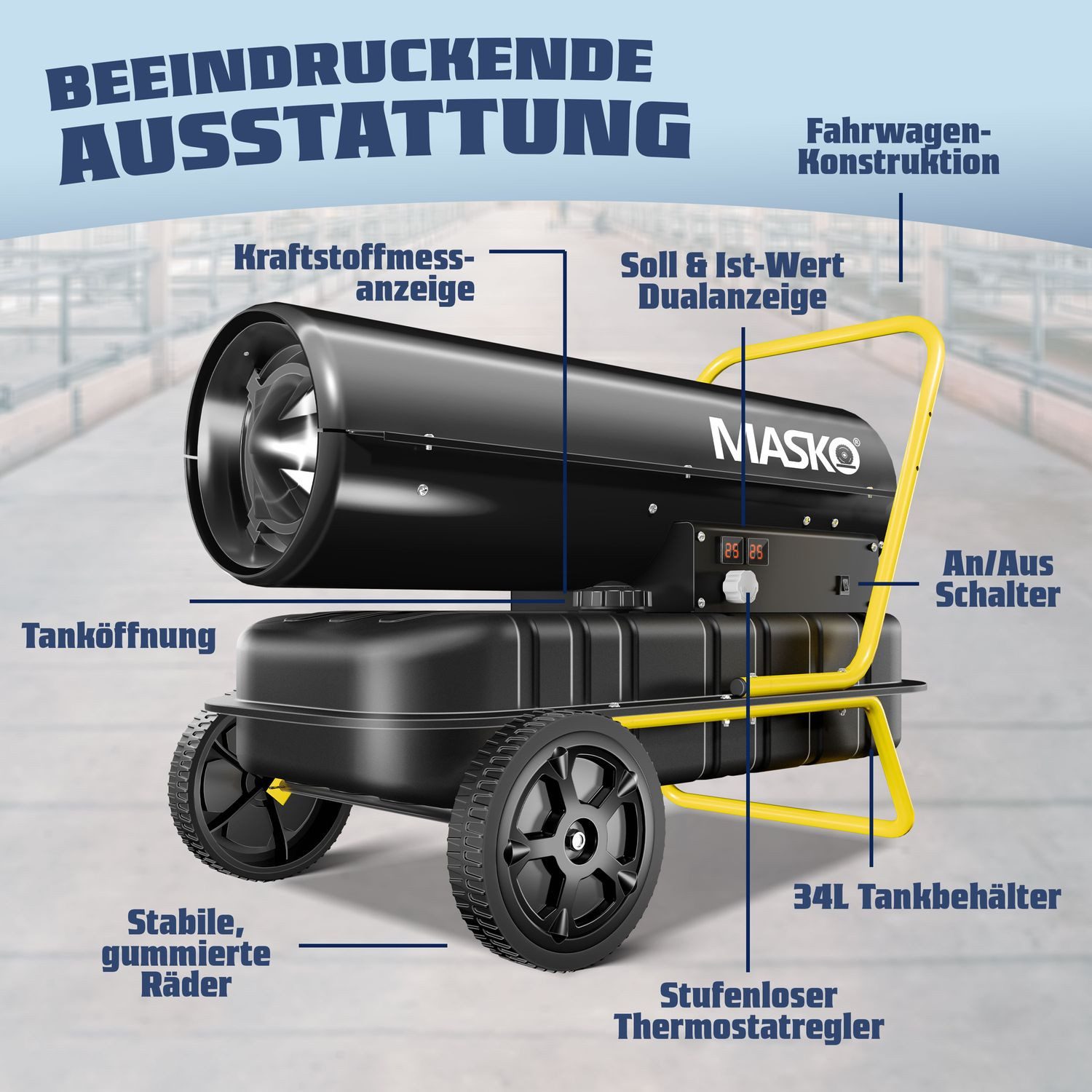 MASKO heater, 30000 W, 30kW diesel heater, construction dryer, construction heater, hot air generator