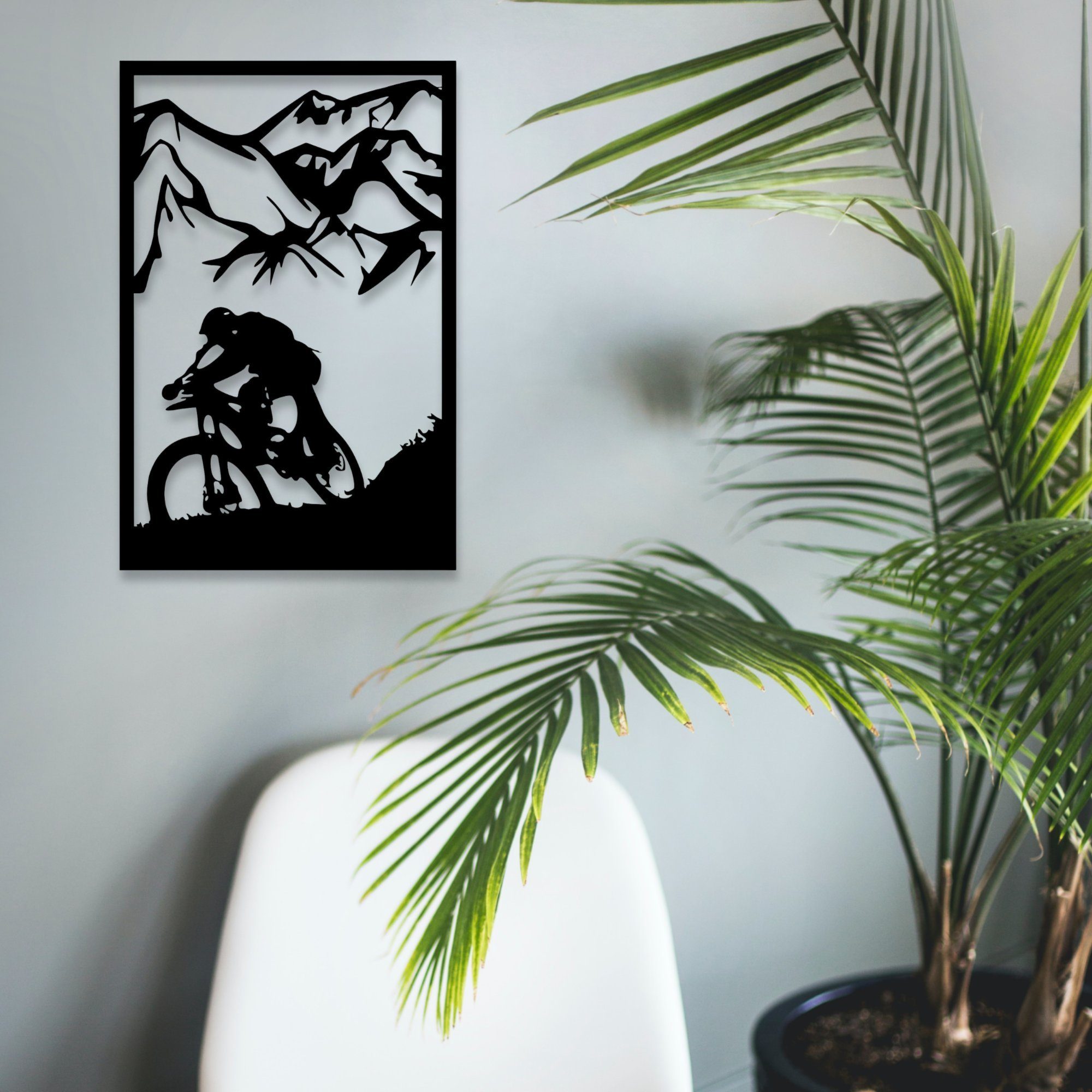 WoodFriends Wandbild Wandbild aus Holz Mountainbike Fahrrad Holzschild zum Aufkleben, Berglandschaft Downhill Fahrrad Berge