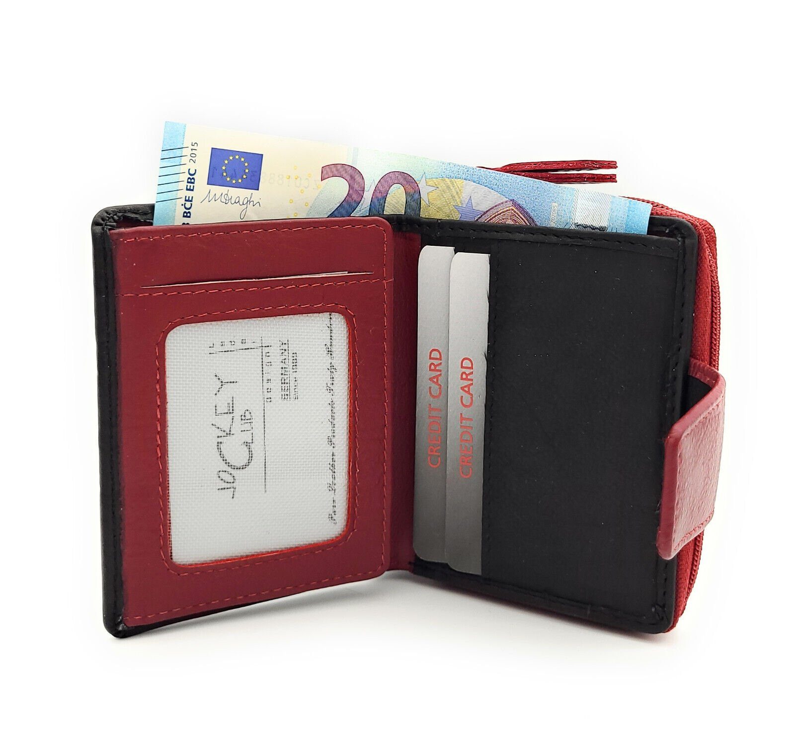 Mini kleines Schutz, JOCKEY rot Leder CLUB Portemonnaie Reißverschlussmünzfach, mit echt schwarz Geldbörse RFID