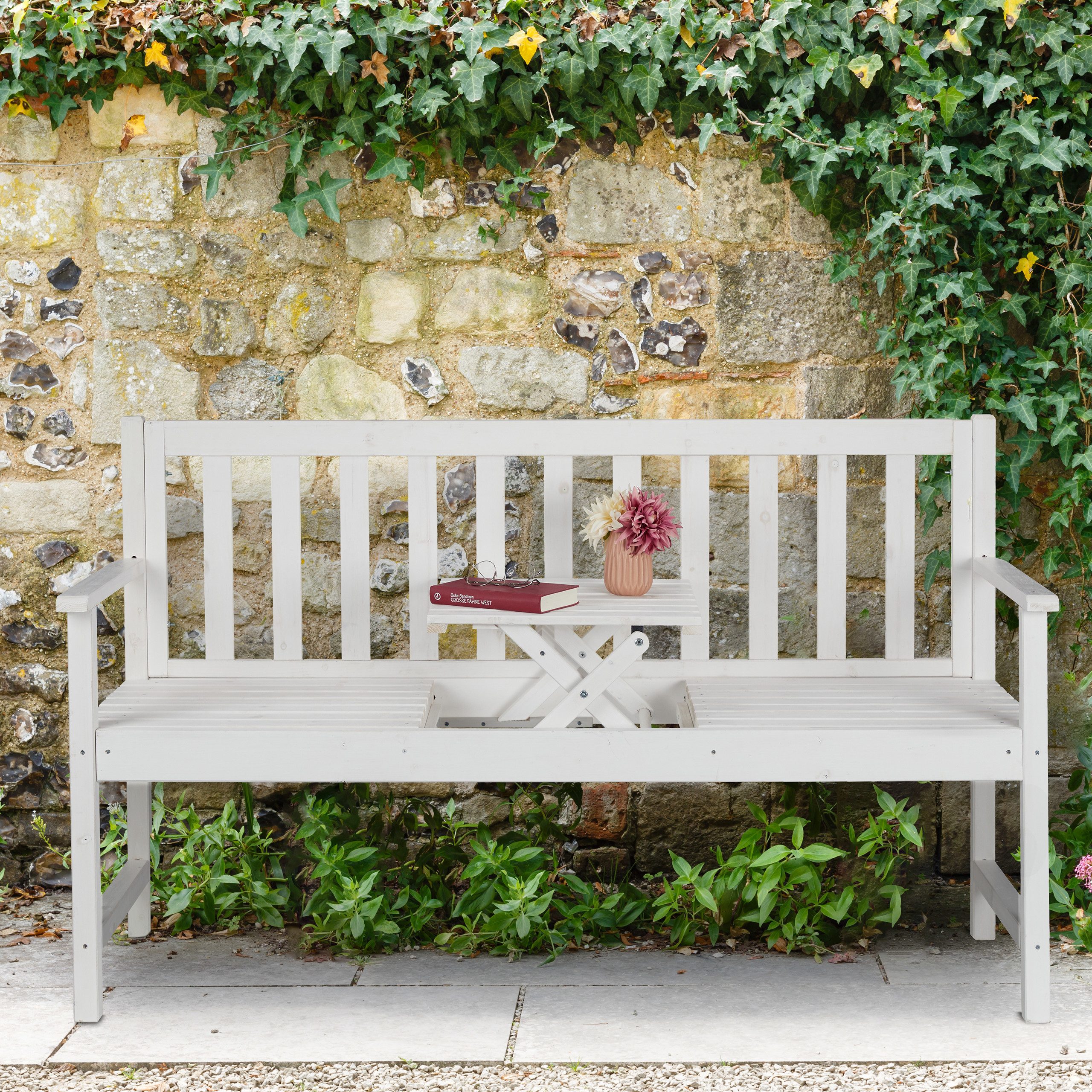 relaxdays Gartenbank Weiße Gartenbank mit Tisch günstig online kaufen
