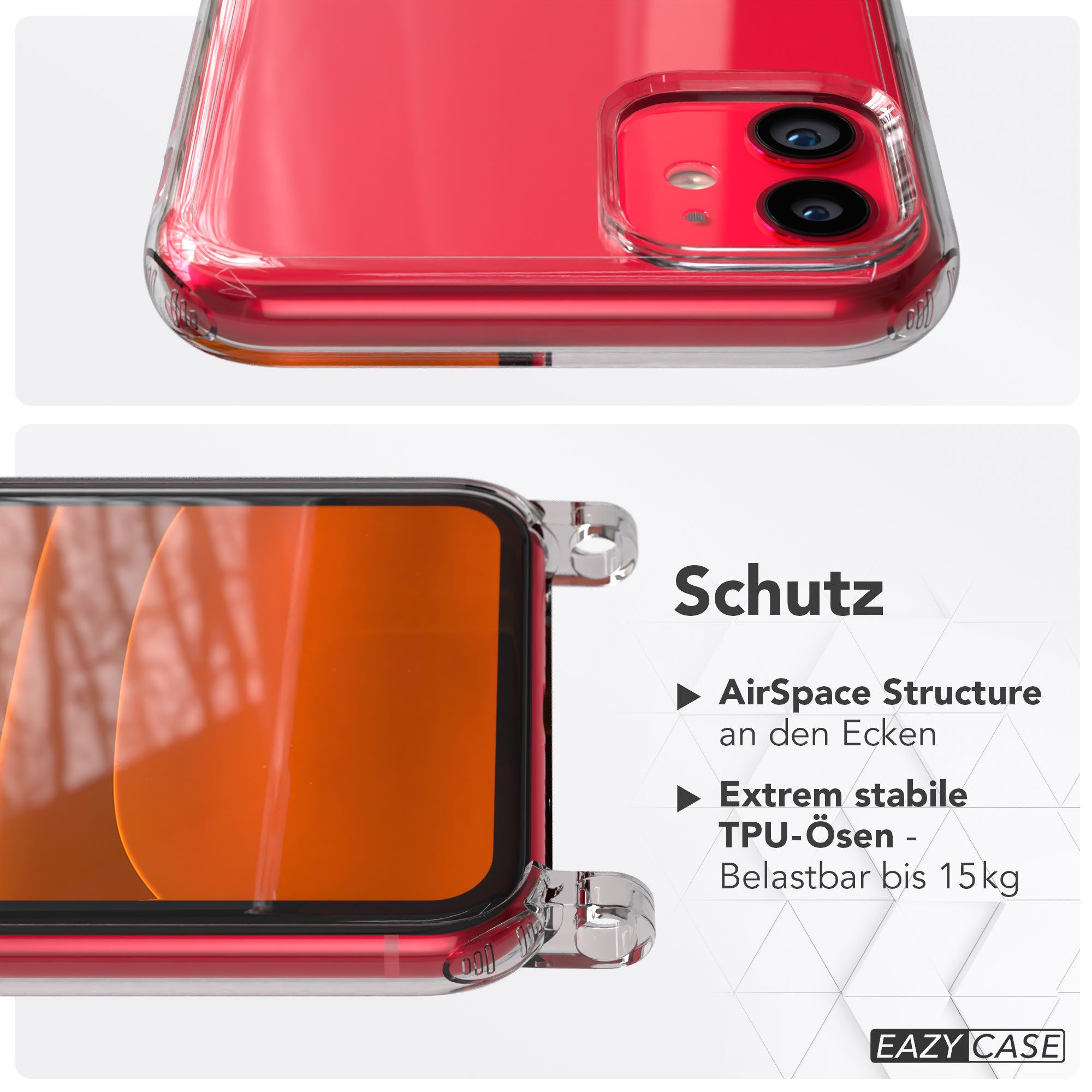 EAZY CASE Handykette Handyhülle für Handyketten mit Befestigungsösen für iPhone Modelle 6,1 Zoll, Hülle für Handykette, Transparent mit Ösen für Apple iPhone 11