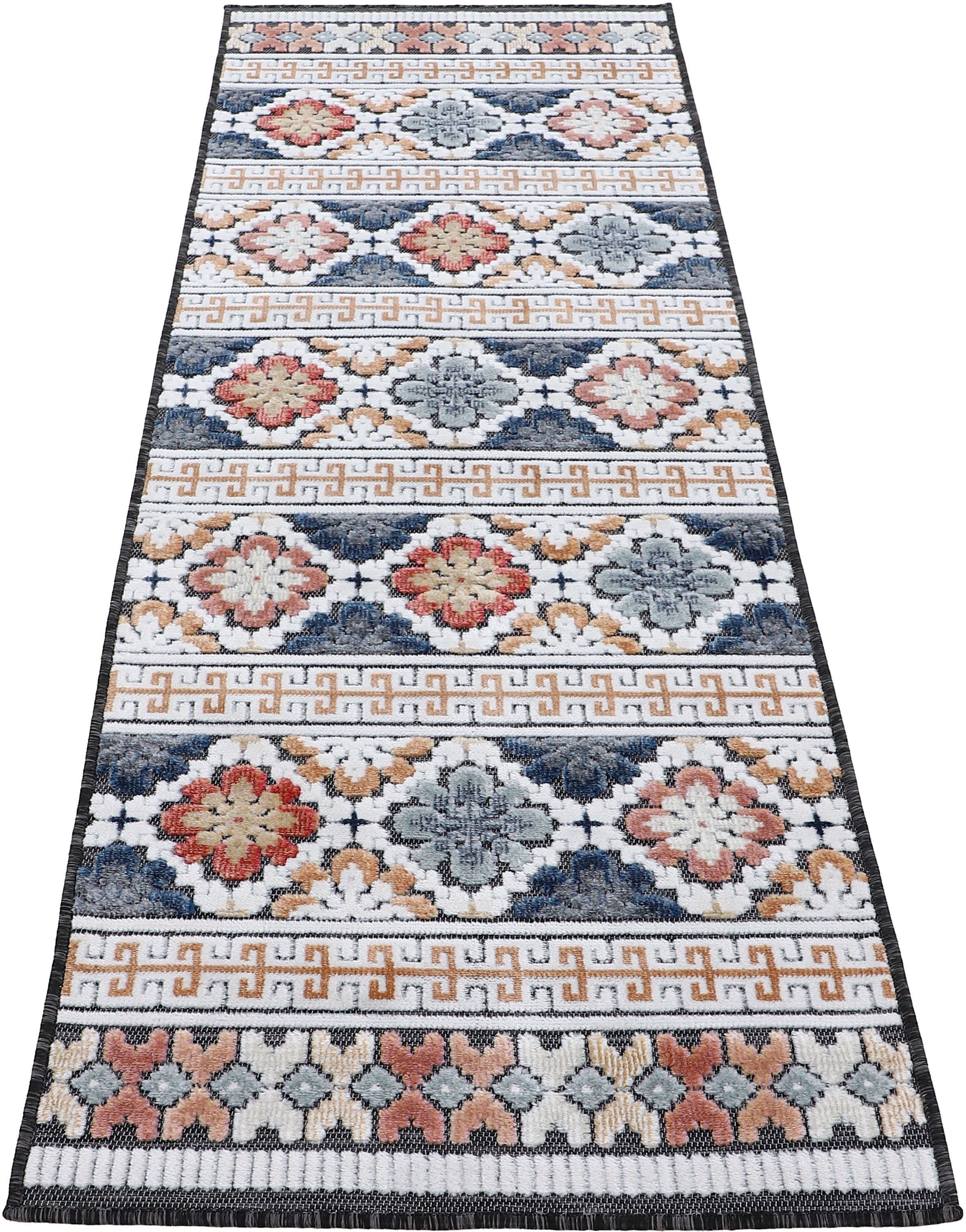 Läufer Deja 103, Flachgewebe, Höhe: rechteckig, blau carpetfine, mm, Floral Effekt 4 robustes Hoch-Tief Palmenblätter, Motiv